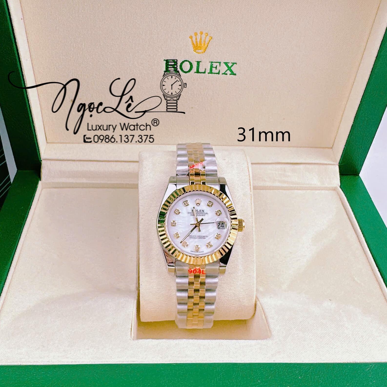 Đồng Hồ Cặp Rolex Datejust Pin Dây Demi Màu Vàng Mặt Trắng Xà Cừ 31mm 41mm