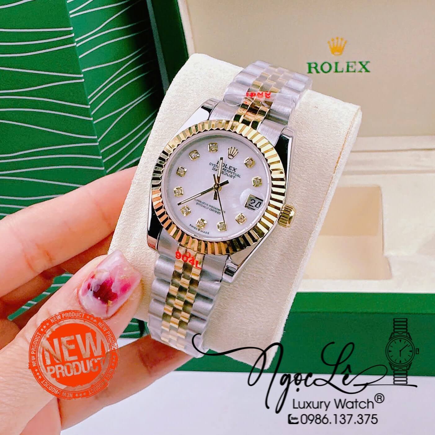 Đồng Hồ Cặp Rolex Datejust Pin Dây Demi Màu Vàng Mặt Trắng Xà Cừ 31mm 41mm