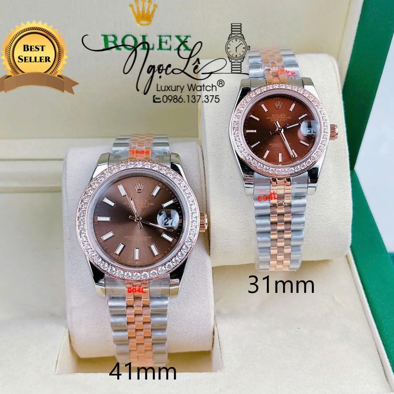 Đồng Hồ Cặp Rolex Datejust Pin Dây Demi Rose Mặt Nâu Socola Đính Đá Size 31mm 41mm