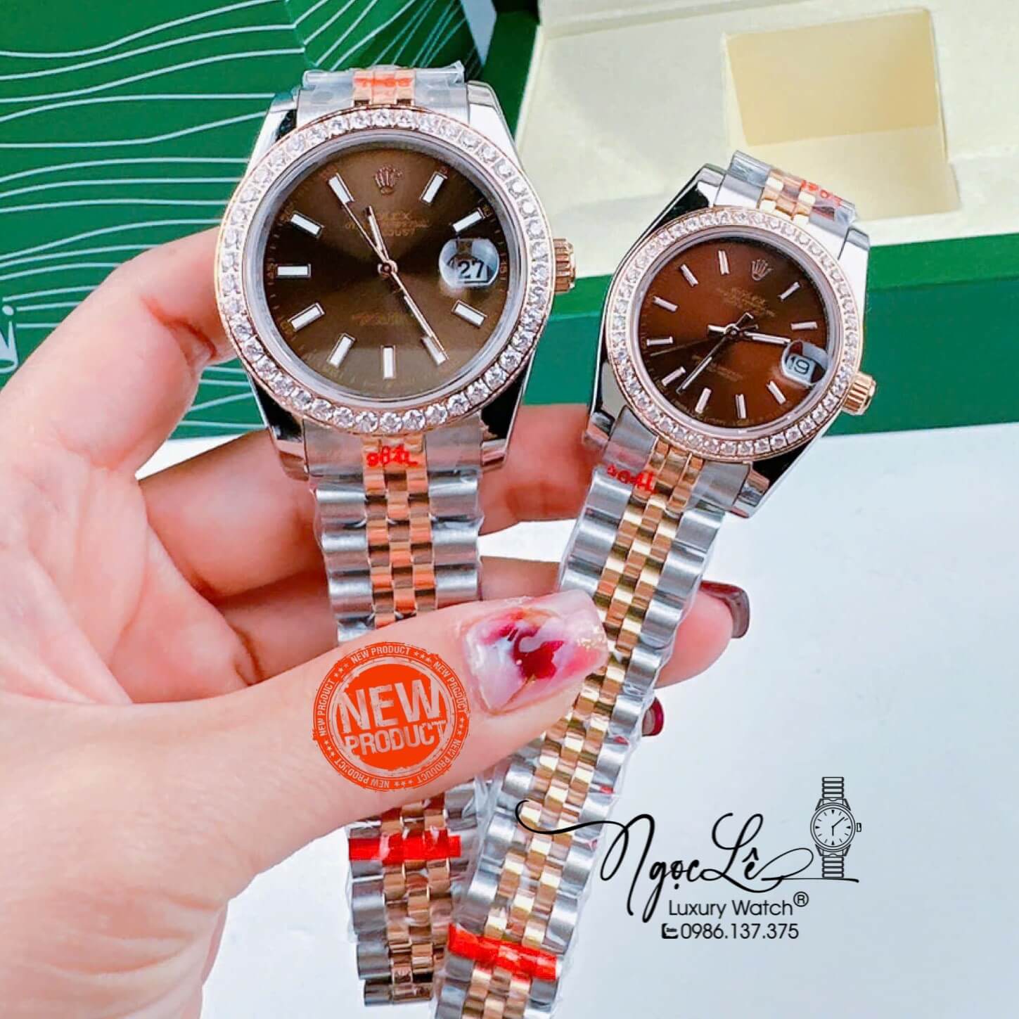 Đồng Hồ Cặp Rolex Datejust Pin Dây Demi Rose Mặt Nâu Socola Đính Đá Size 31mm 41mm