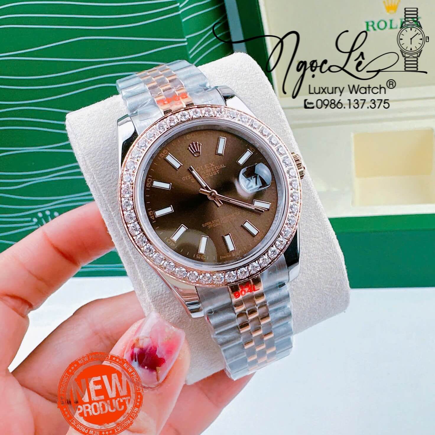 Đồng Hồ Cặp Rolex Datejust Pin Dây Demi Rose Mặt Nâu Socola Đính Đá Size 31mm 41mm