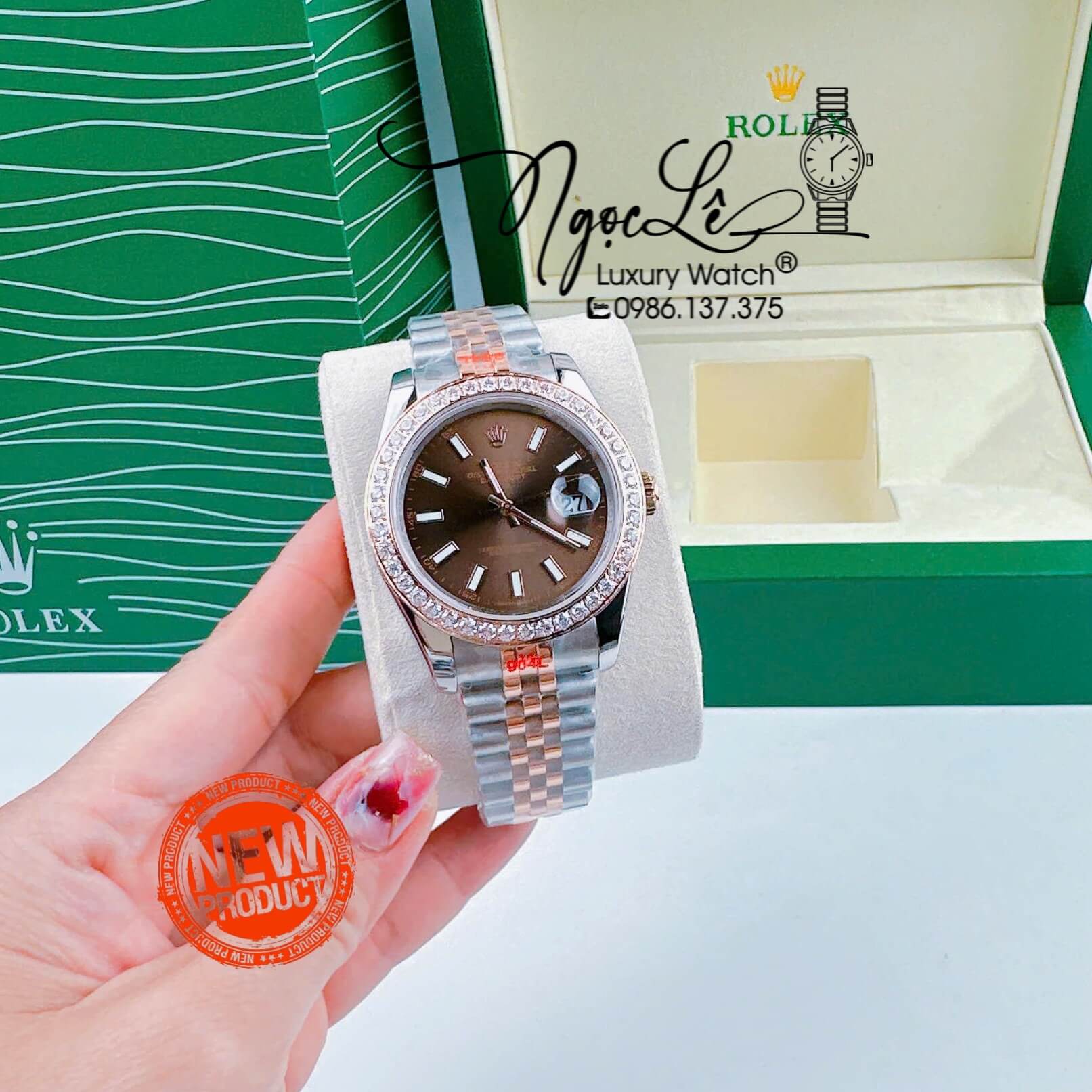 Đồng Hồ Cặp Rolex Datejust Pin Dây Demi Rose Mặt Nâu Socola Đính Đá Size 31mm 41mm