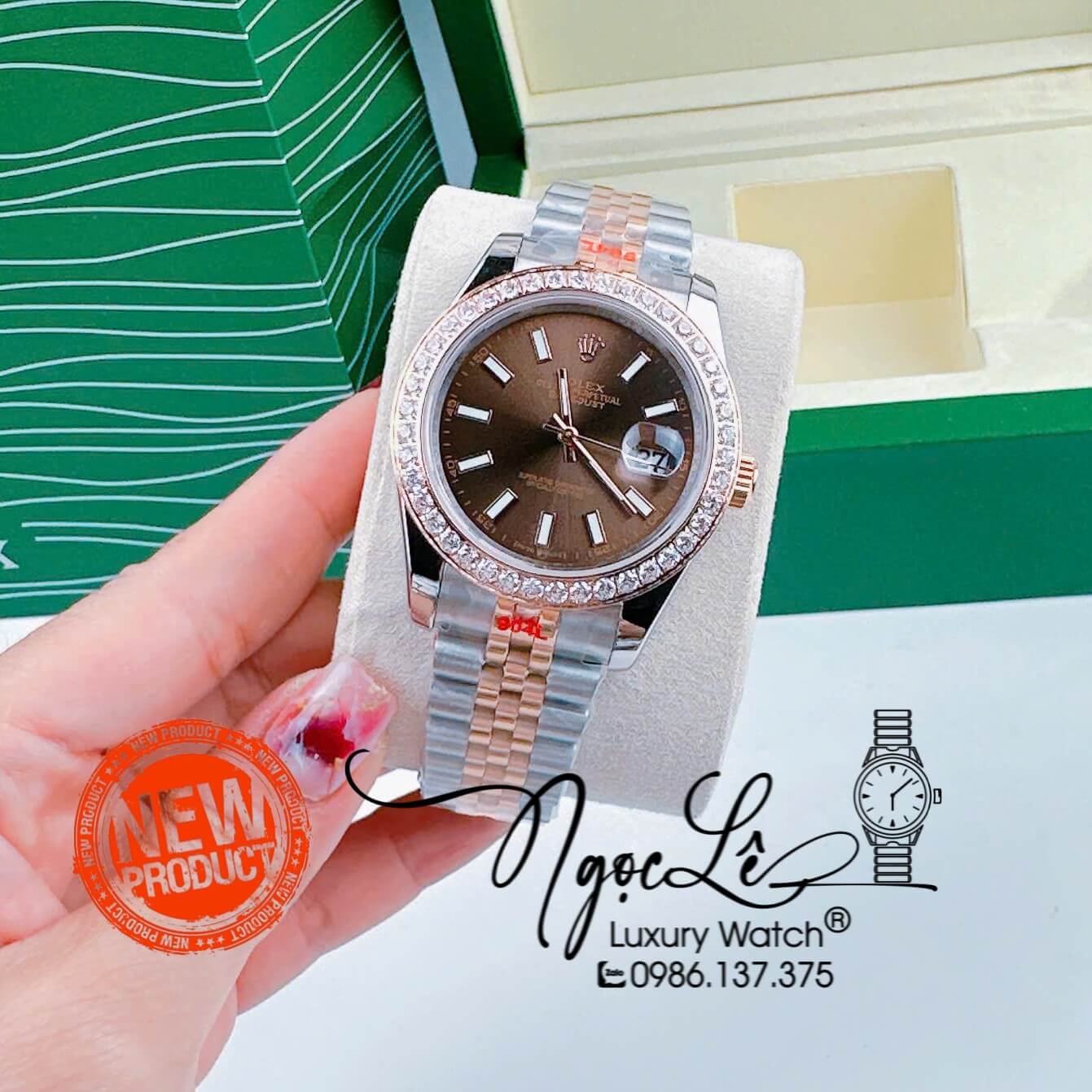 Đồng Hồ Cặp Rolex Datejust Pin Dây Demi Rose Mặt Nâu Socola Đính Đá Size 31mm 41mm