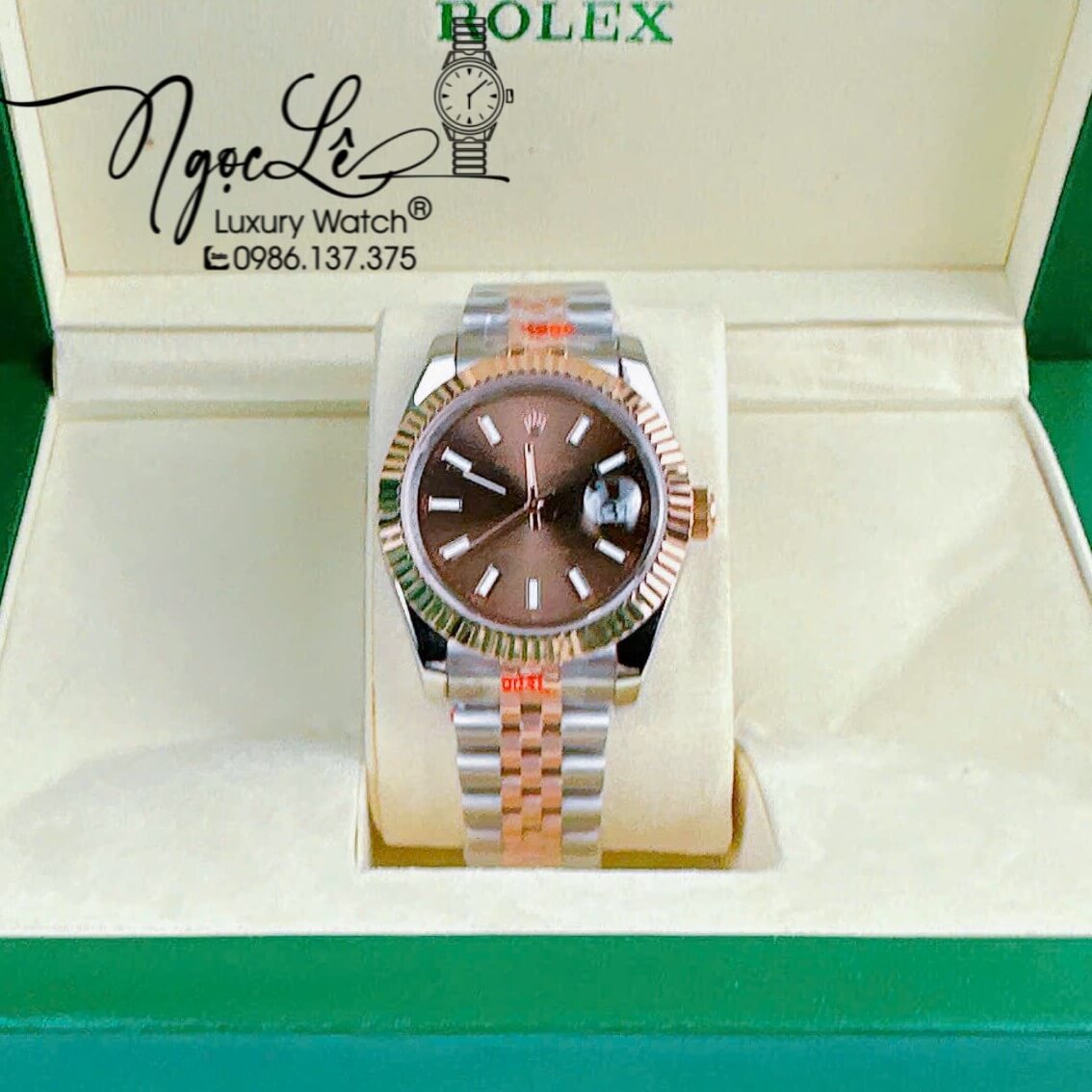 Đồng Hồ Cặp Rolex Datejust Pin Dây Demi Rose Mặt Nâu Socola Niềng Khía Size 31mm 41mm