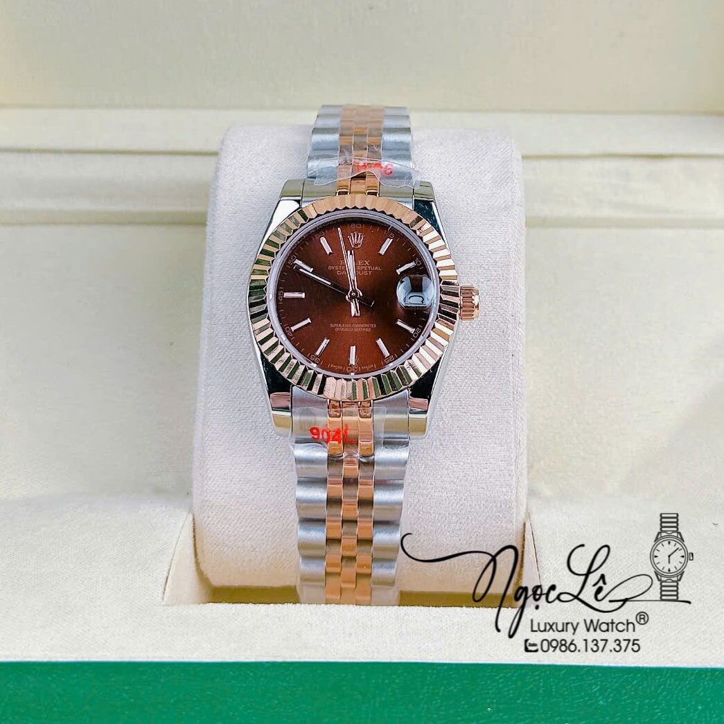 Đồng Hồ Cặp Rolex Datejust Pin Dây Demi Rose Mặt Nâu Socola Niềng Khía Size 31mm 41mm