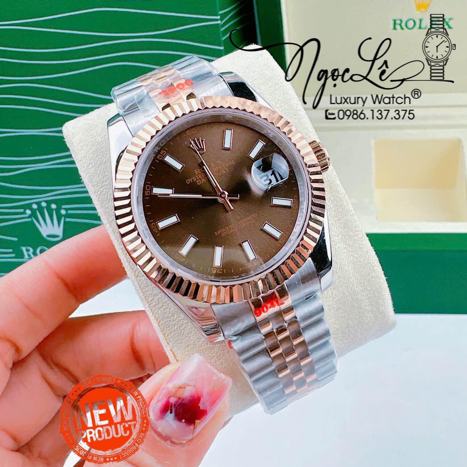 Đồng Hồ Cặp Rolex Datejust Pin Dây Demi Rose Mặt Nâu Socola Niềng Khía Size 31mm 41mm