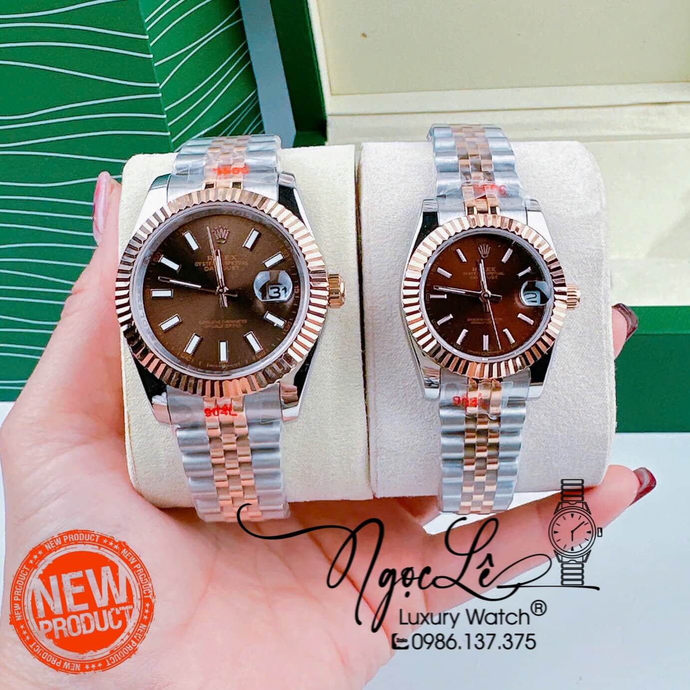 Đồng Hồ Cặp Rolex Datejust Pin Dây Demi Rose Mặt Nâu Socola Niềng Khía Size 31mm 41mm
