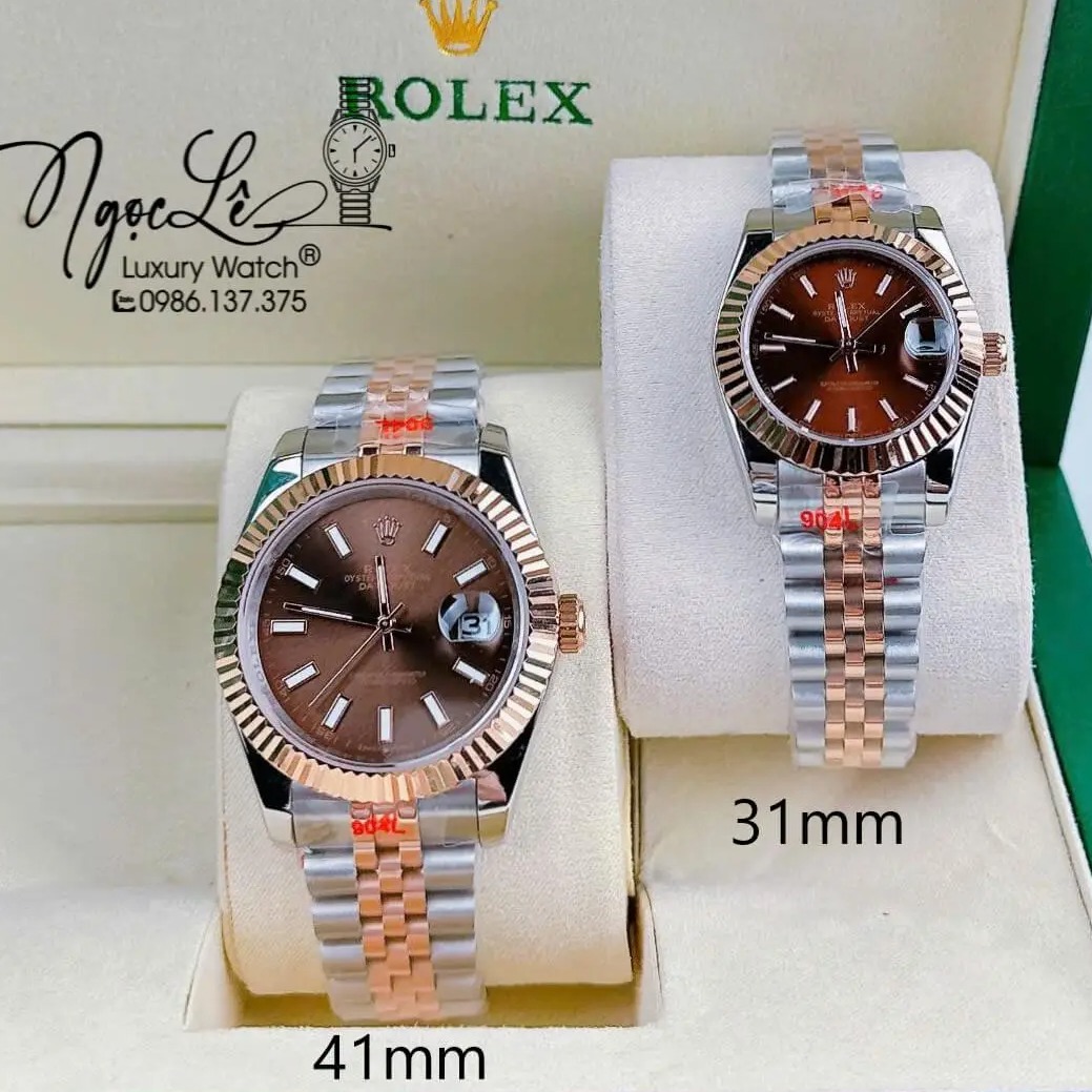 Đồng Hồ Cặp Rolex Datejust Pin Dây Demi Rose Mặt Nâu Socola Niềng Khía Size 31mm 41mm