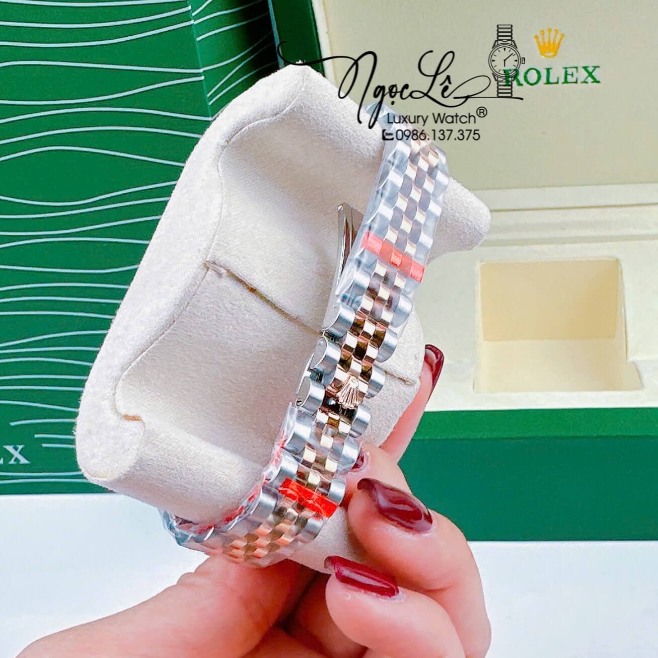 Đồng Hồ Cặp Rolex Datejust Pin Demi Rose Mặt Nâu Socola Niềng Khía Size 31mm 41mm