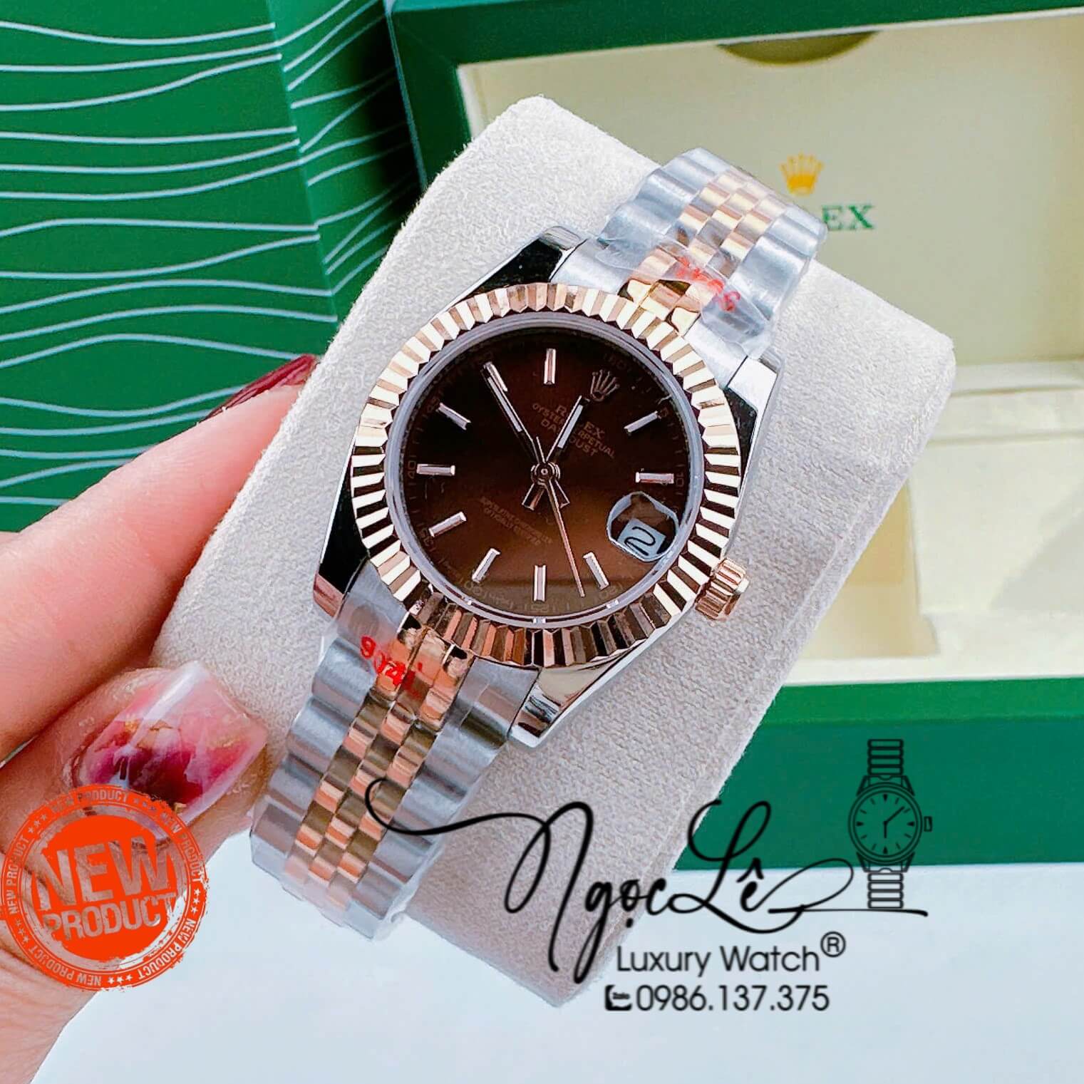 Đồng Hồ Cặp Rolex Datejust Pin Dây Demi Rose Mặt Nâu Socola Niềng Khía Size 31mm 41mm