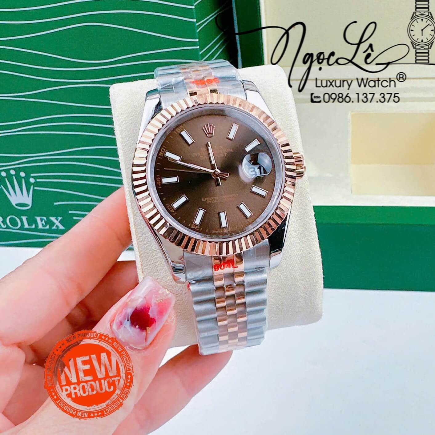 Đồng Hồ Cặp Rolex Datejust Pin Dây Demi Rose Mặt Nâu Socola Niềng Khía Size 31mm 41mm