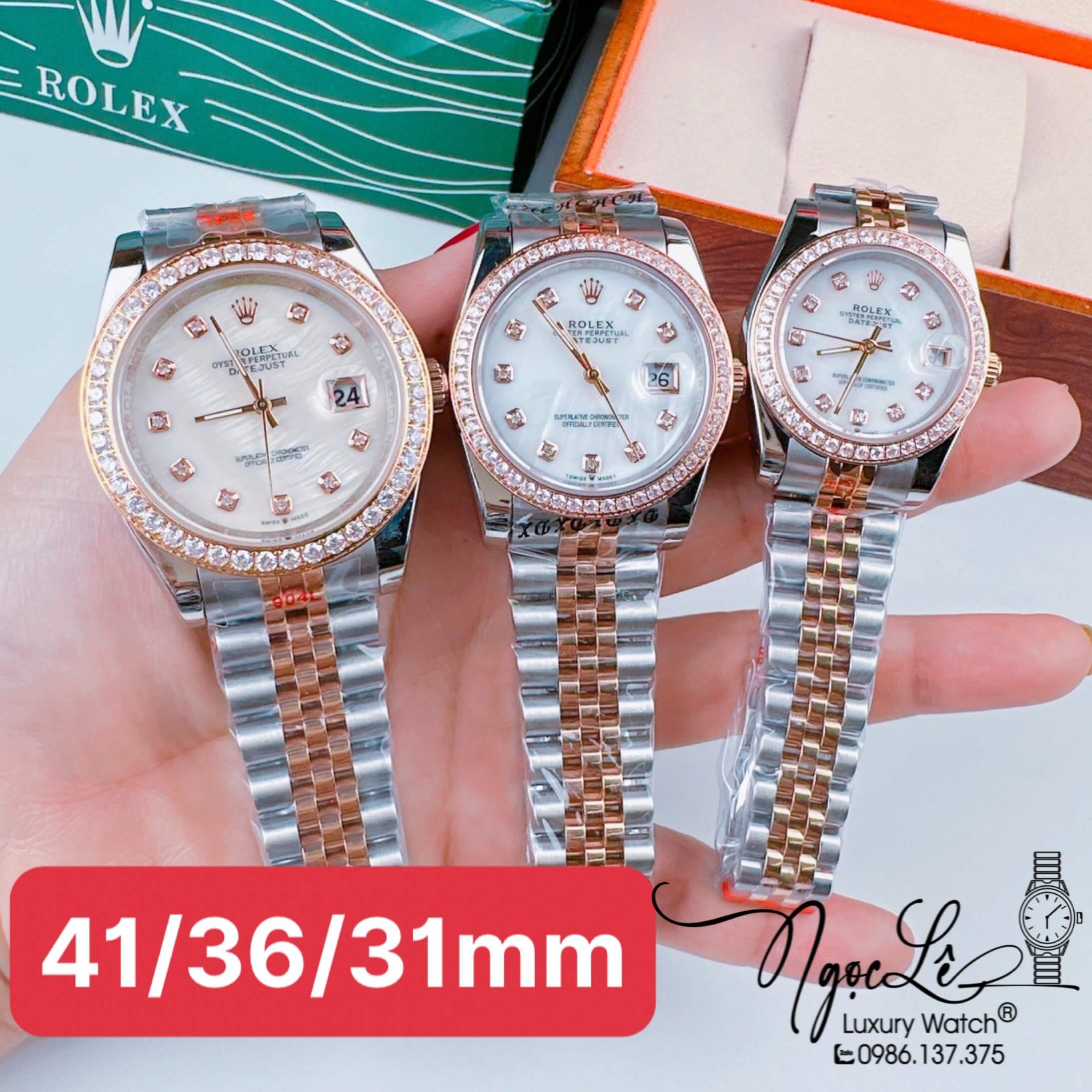 Đồng Hồ Cặp Rolex Datejust Pin Dây Demi Rose Mặt Trắng Xà Cừ 31mm - 36mm - 41mm
