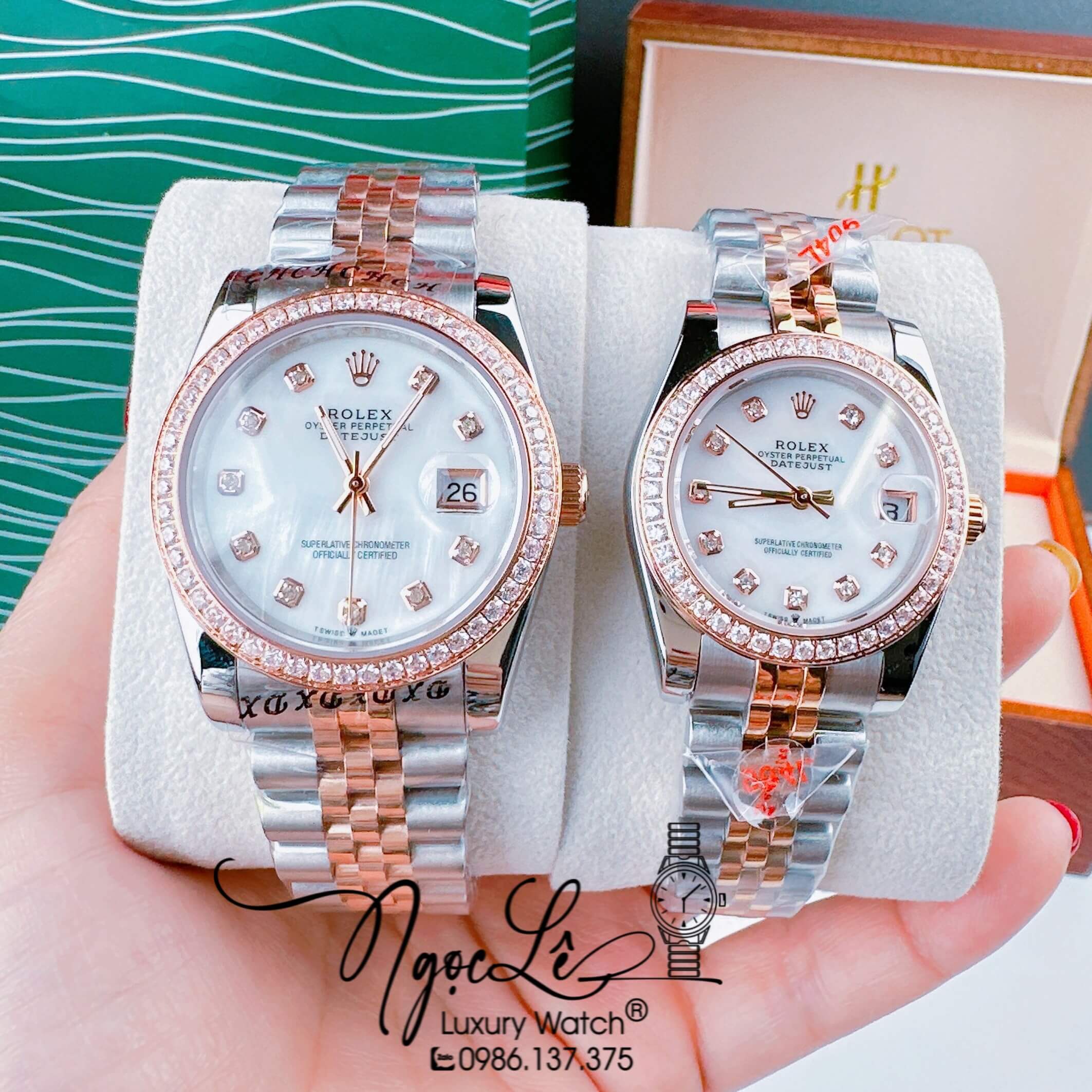 Đồng Hồ Cặp Rolex Datejust Pin Dây Demi Rose Mặt Trắng Xà Cừ 31mm - 36mm - 41mm