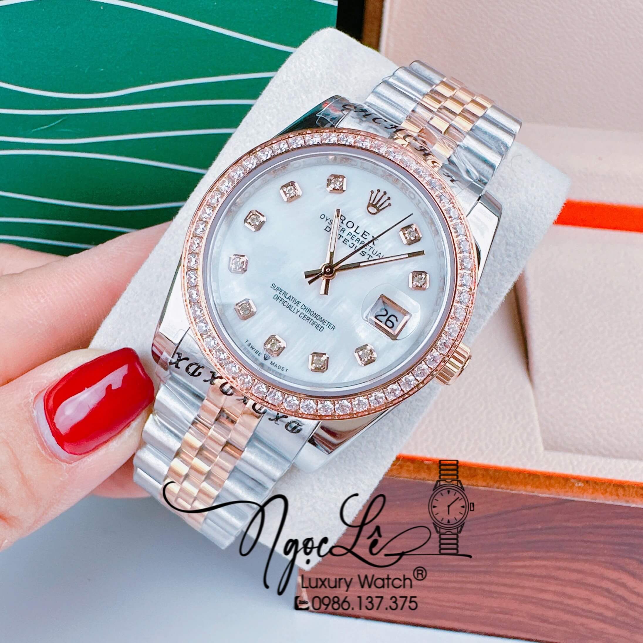 Đồng Hồ Cặp Rolex Datejust Pin Dây Demi Rose Mặt Trắng Xà Cừ 31mm - 36mm - 41mm