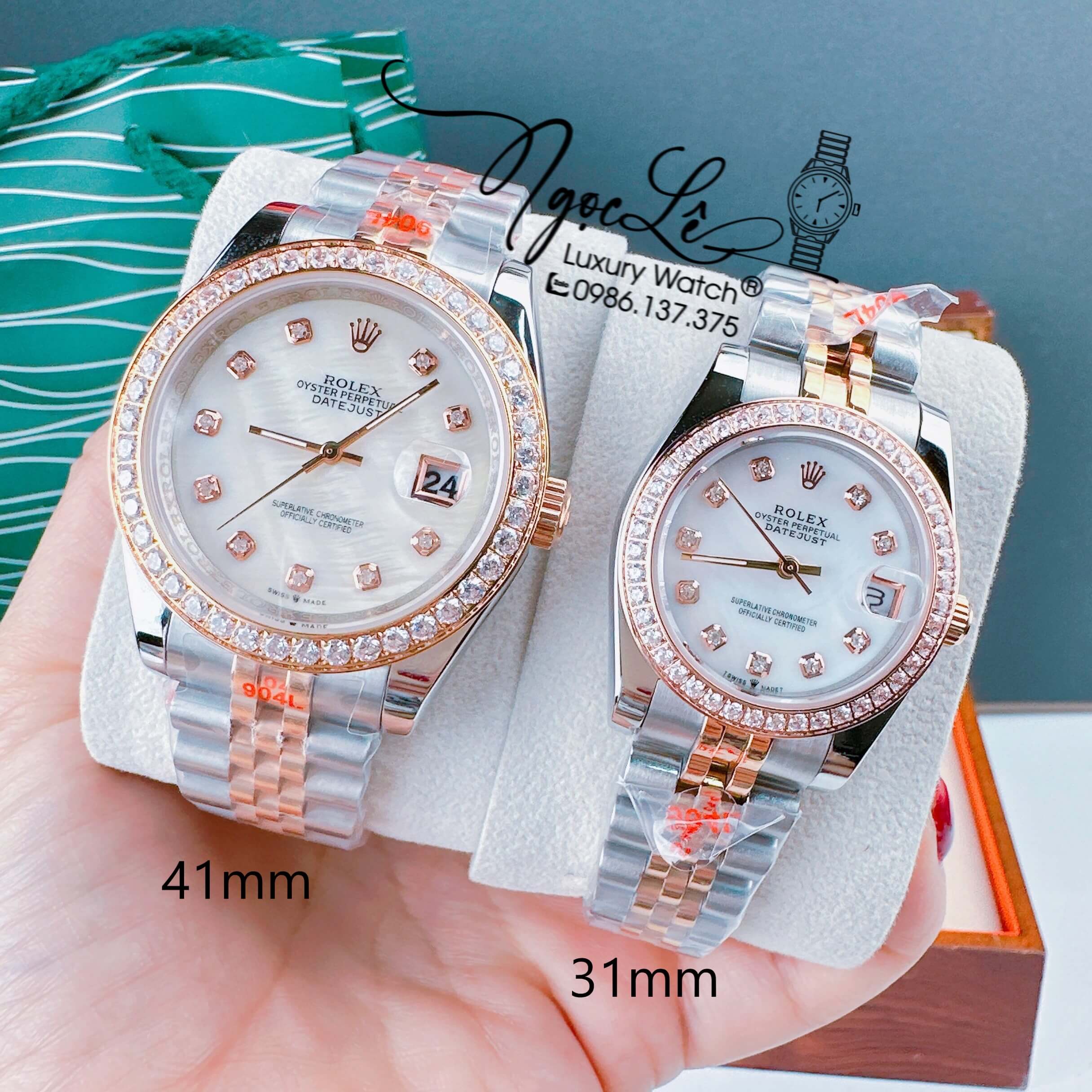 Đồng Hồ Cặp Rolex Datejust Pin Dây Demi Rose Mặt Trắng Xà Cừ 31mm - 36mm - 41mm