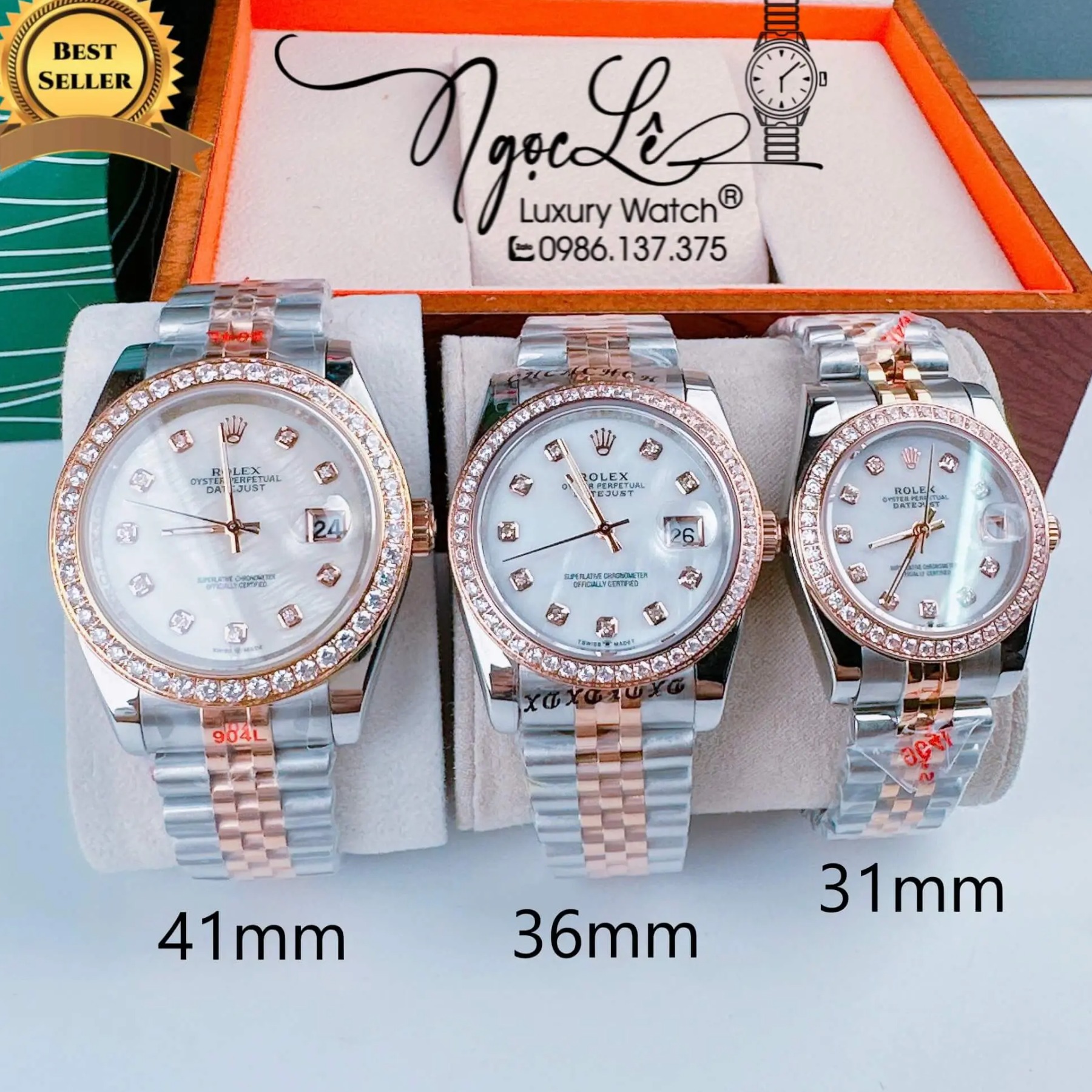 Đồng Hồ Cặp Rolex Datejust Pin Dây Demi Rose Mặt Trắng Xà Cừ 31mm - 36mm - 41mm