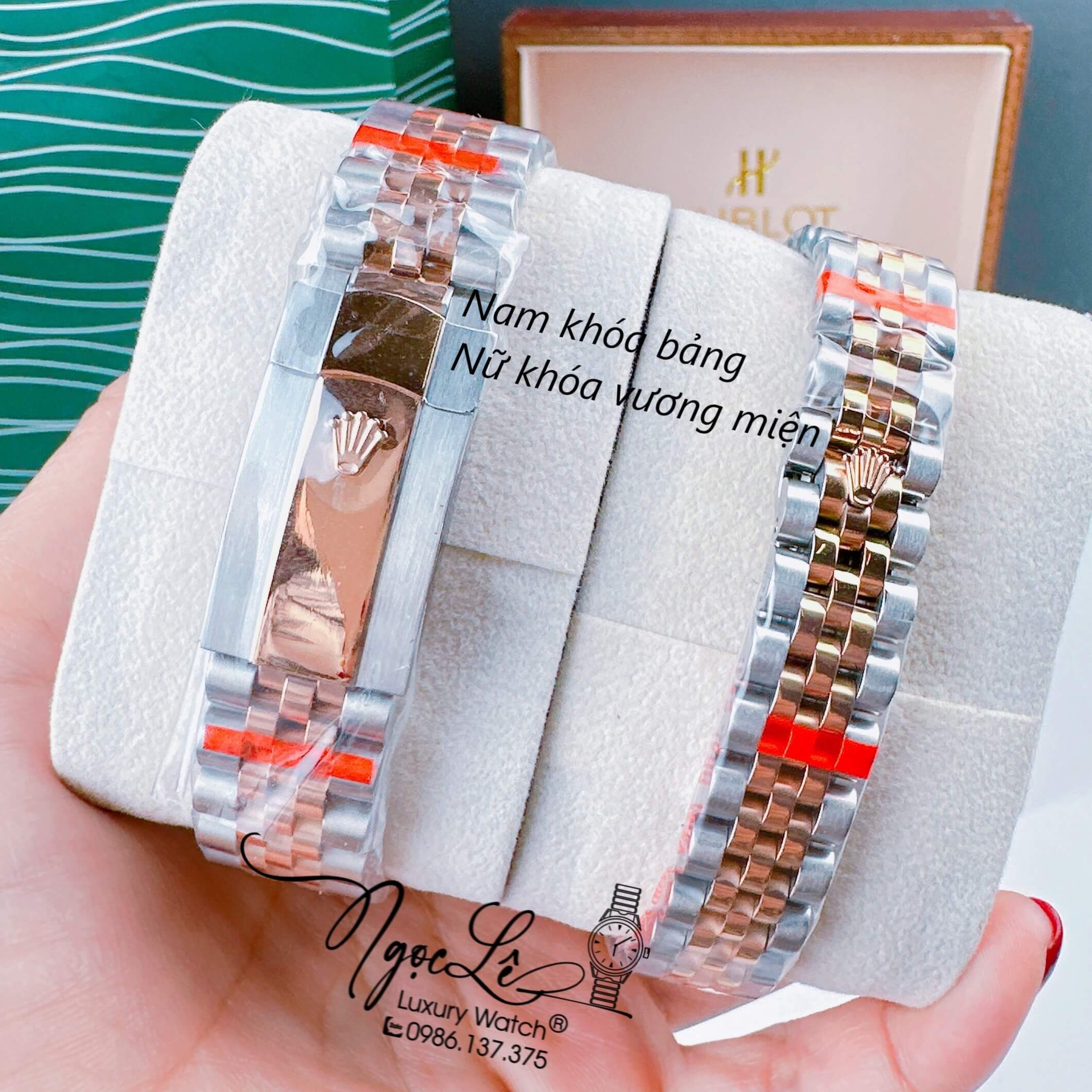 Đồng Hồ Cặp Rolex Datejust Pin Dây Demi Rose Mặt Trắng Xà Cừ 31mm - 36mm - 41mm