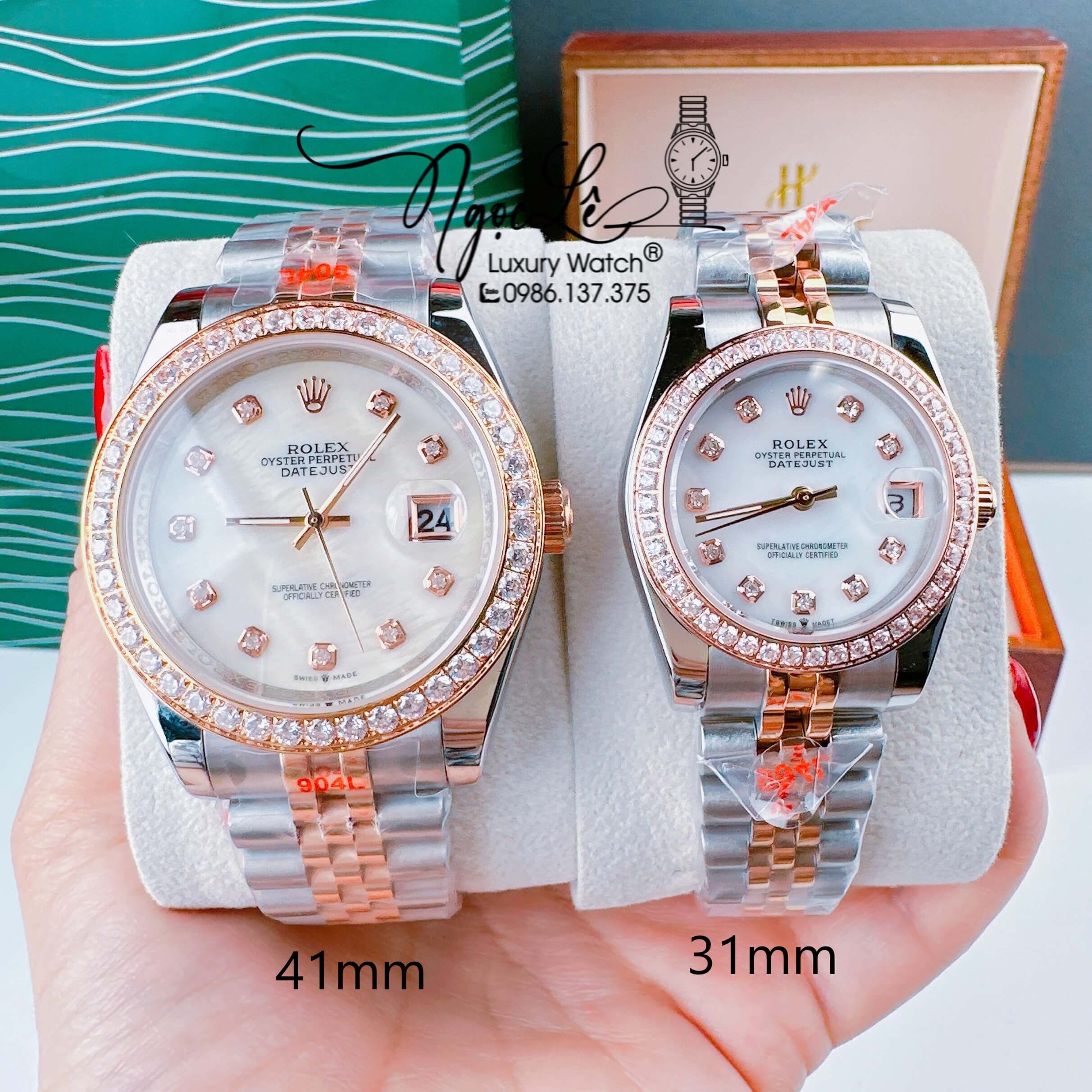 Đồng Hồ Cặp Rolex Datejust Pin Dây Demi Rose Mặt Trắng Xà Cừ 31mm - 36mm - 41mm