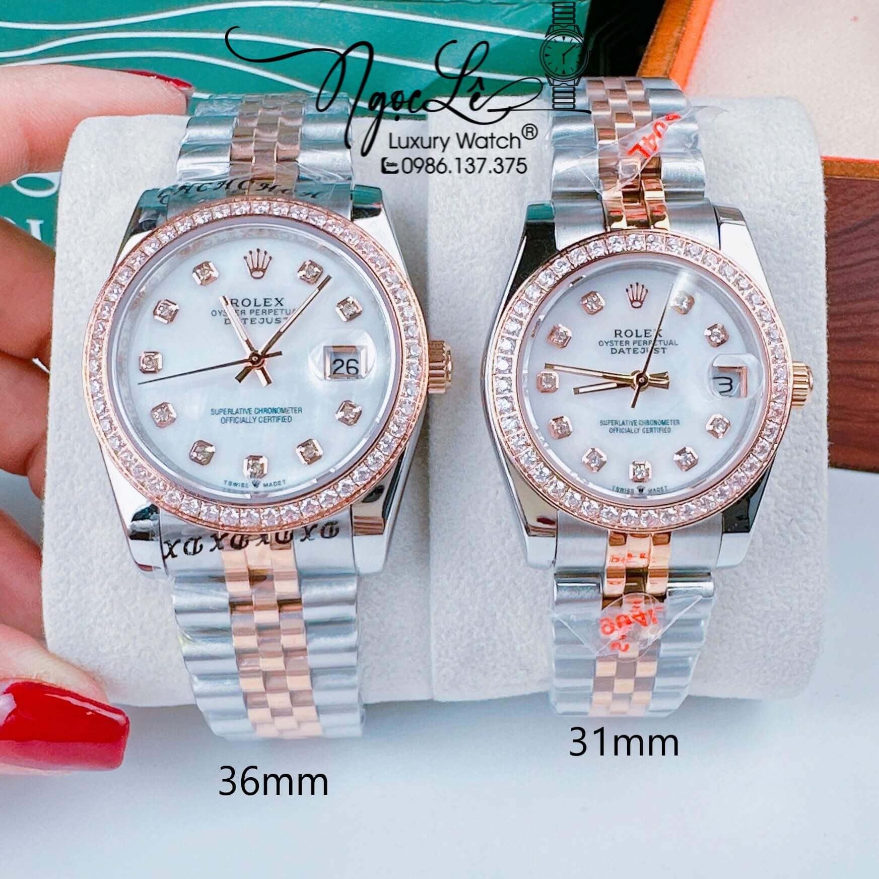 Đồng Hồ Cặp Rolex Datejust Pin Dây Demi Rose Mặt Trắng Xà Cừ 31mm - 36mm - 41mm