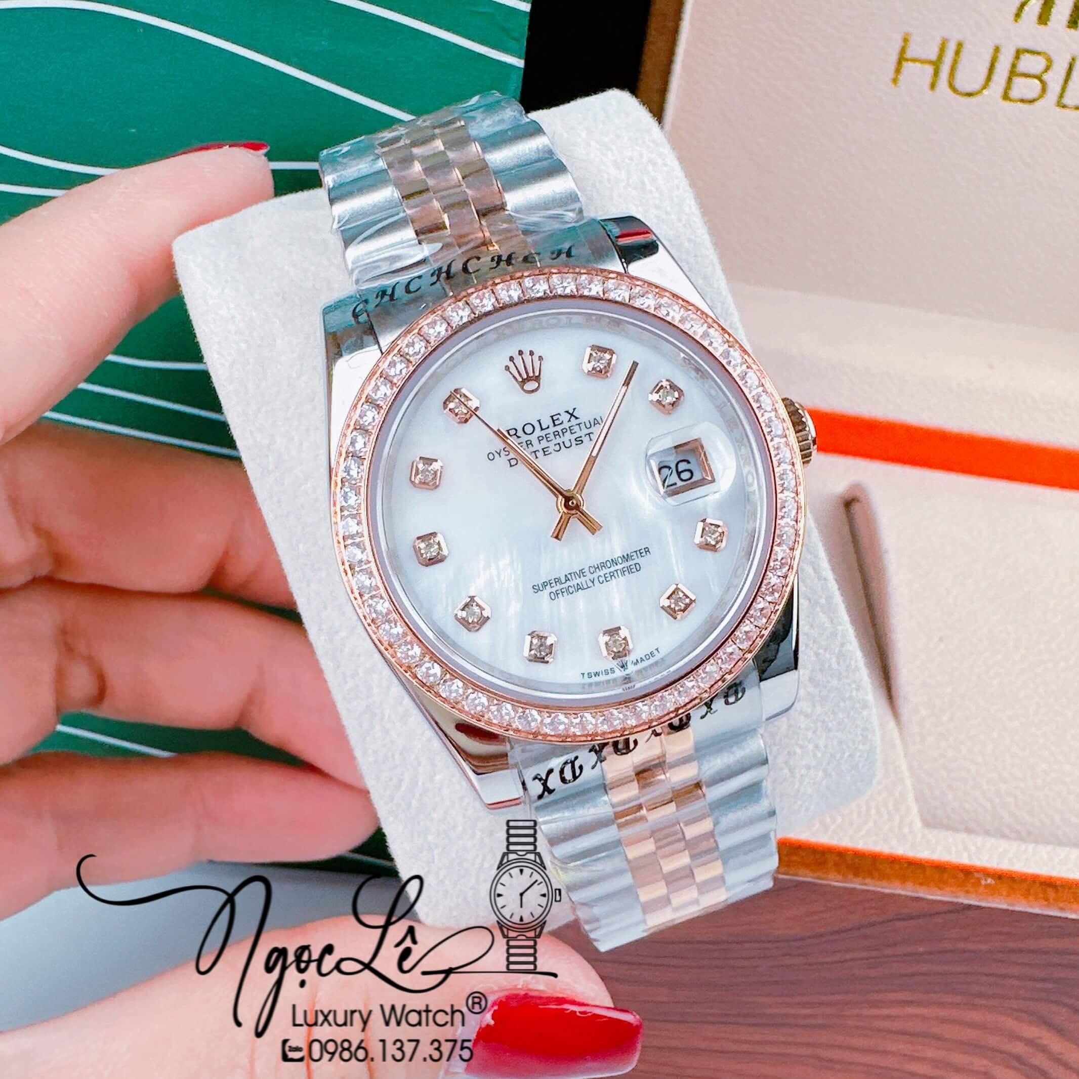 Đồng Hồ Cặp Rolex Datejust Pin Dây Demi Rose Mặt Trắng Xà Cừ 31mm - 36mm - 41mm