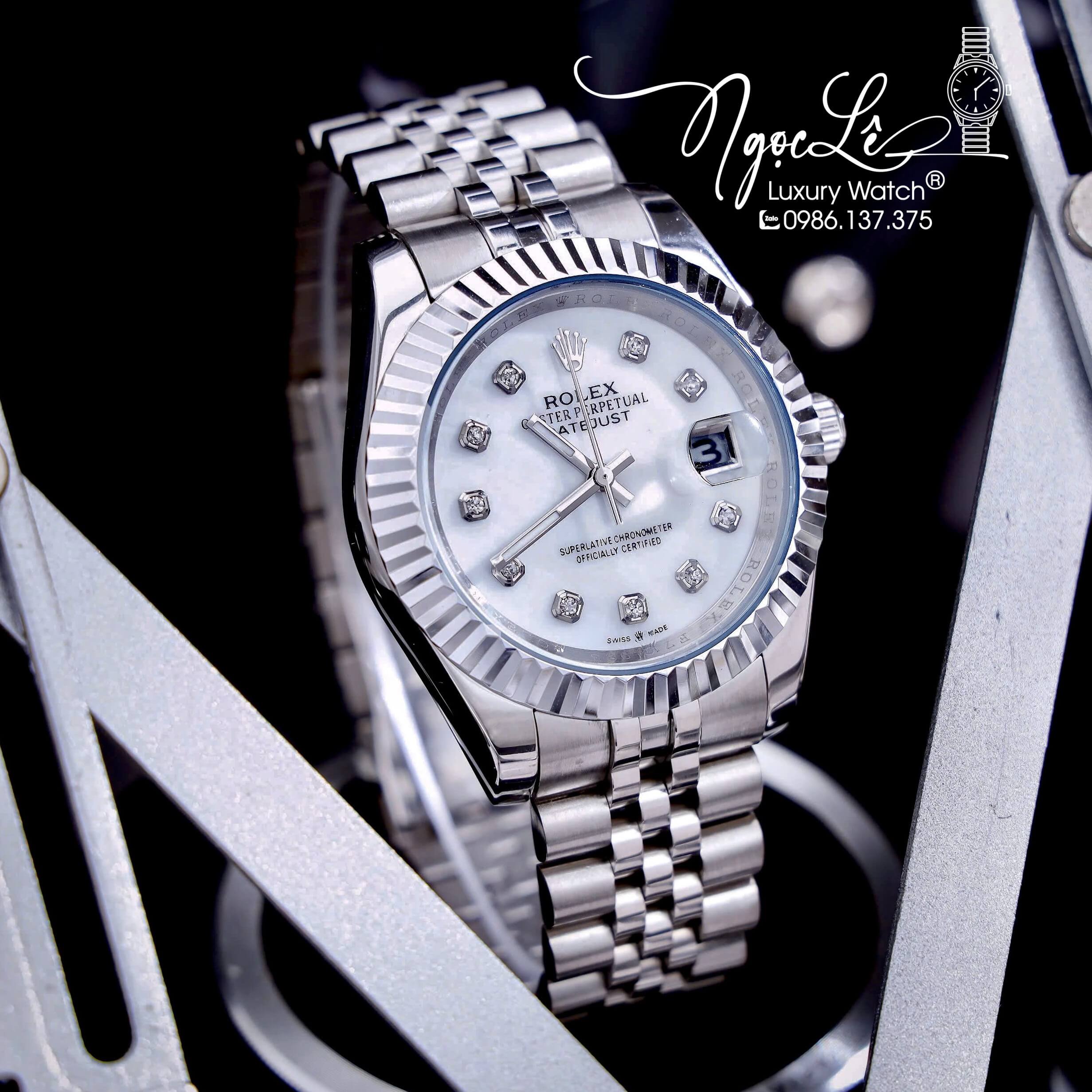 Đồng Hồ Cặp Rolex Datejust Pin Dây Kim Loại Bạc Mặt Trắng Xà Cừ Size 31mm - 41mm