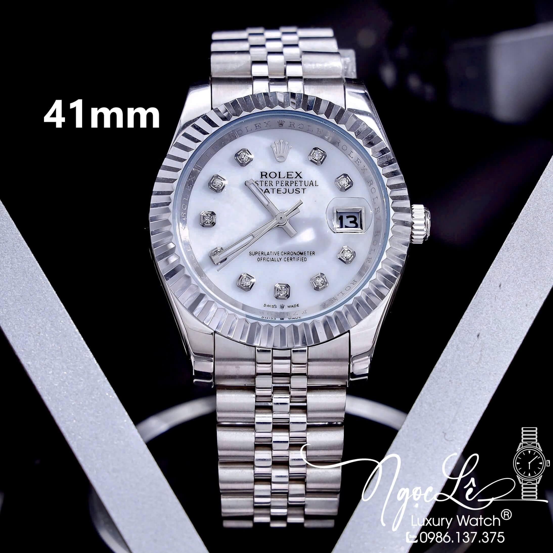 Đồng Hồ Cặp Rolex Datejust Pin Dây Kim Loại Bạc Mặt Trắng Xà Cừ Size 31mm - 41mm