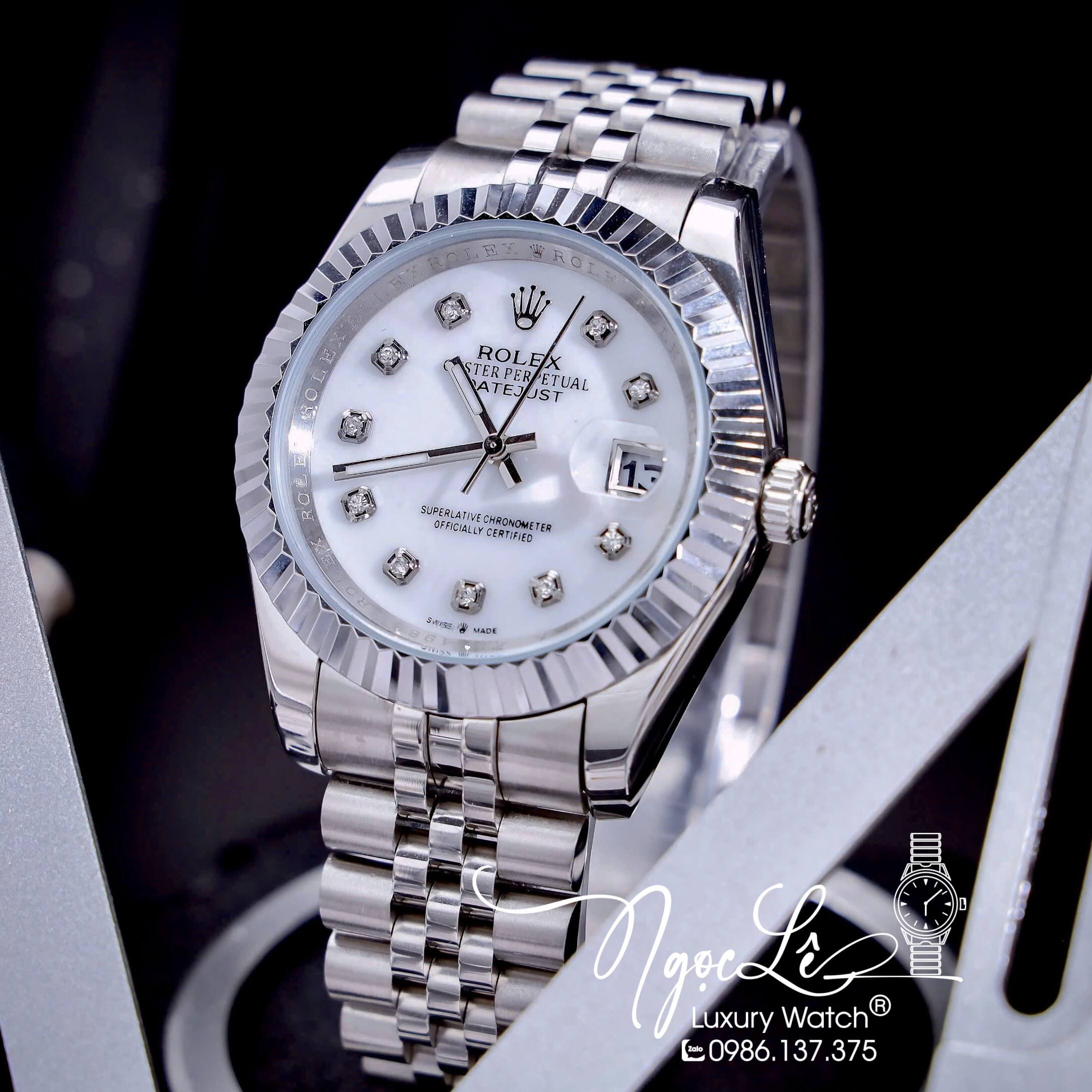 Đồng Hồ Cặp Rolex Datejust Pin Dây Kim Loại Bạc Mặt Trắng Xà Cừ Size 31mm - 41mm