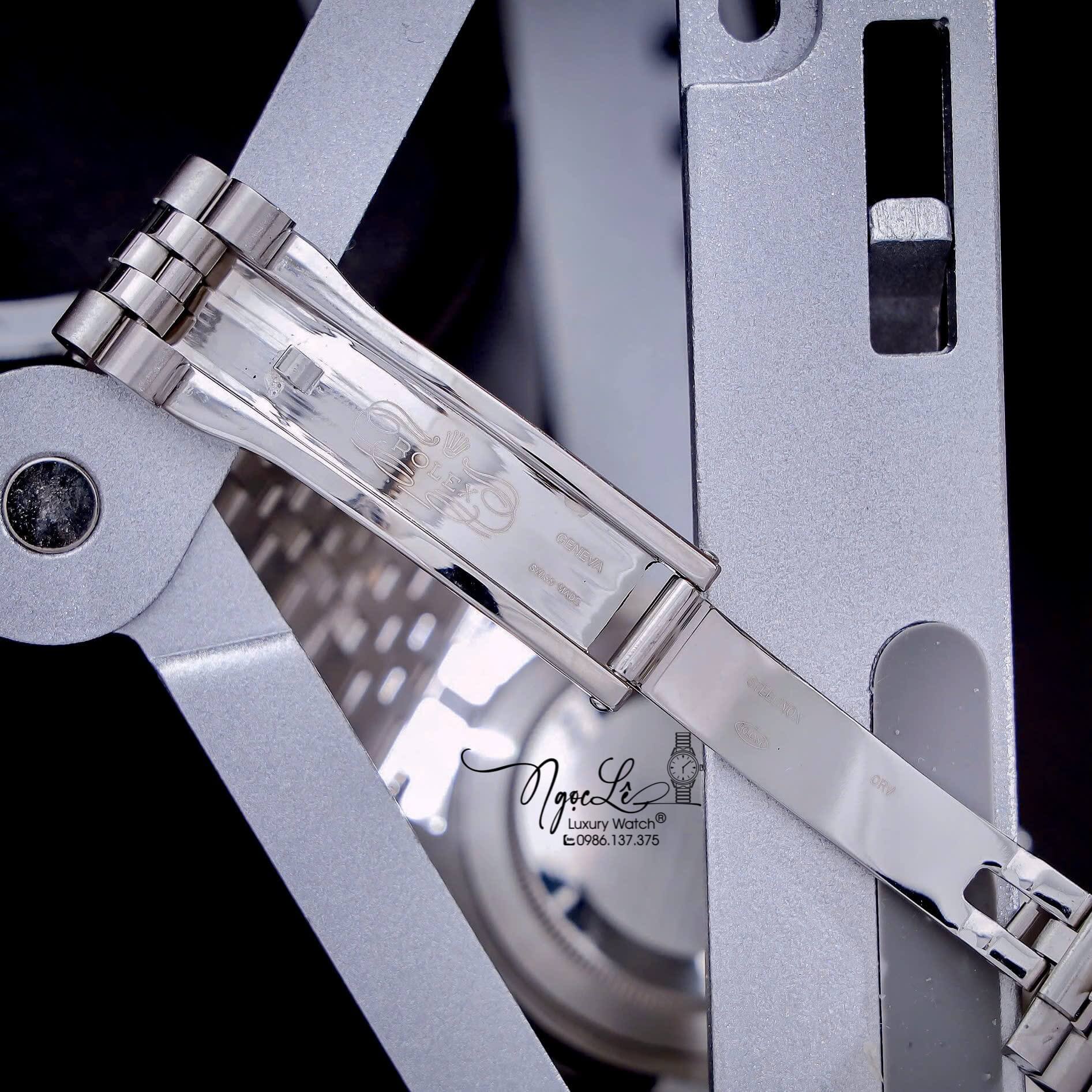 Đồng Hồ Cặp Rolex Datejust Máy Pin Nam Nữ Màu Bạc Mặt Xanh Navy Viền Đá Size 41mm-31mm