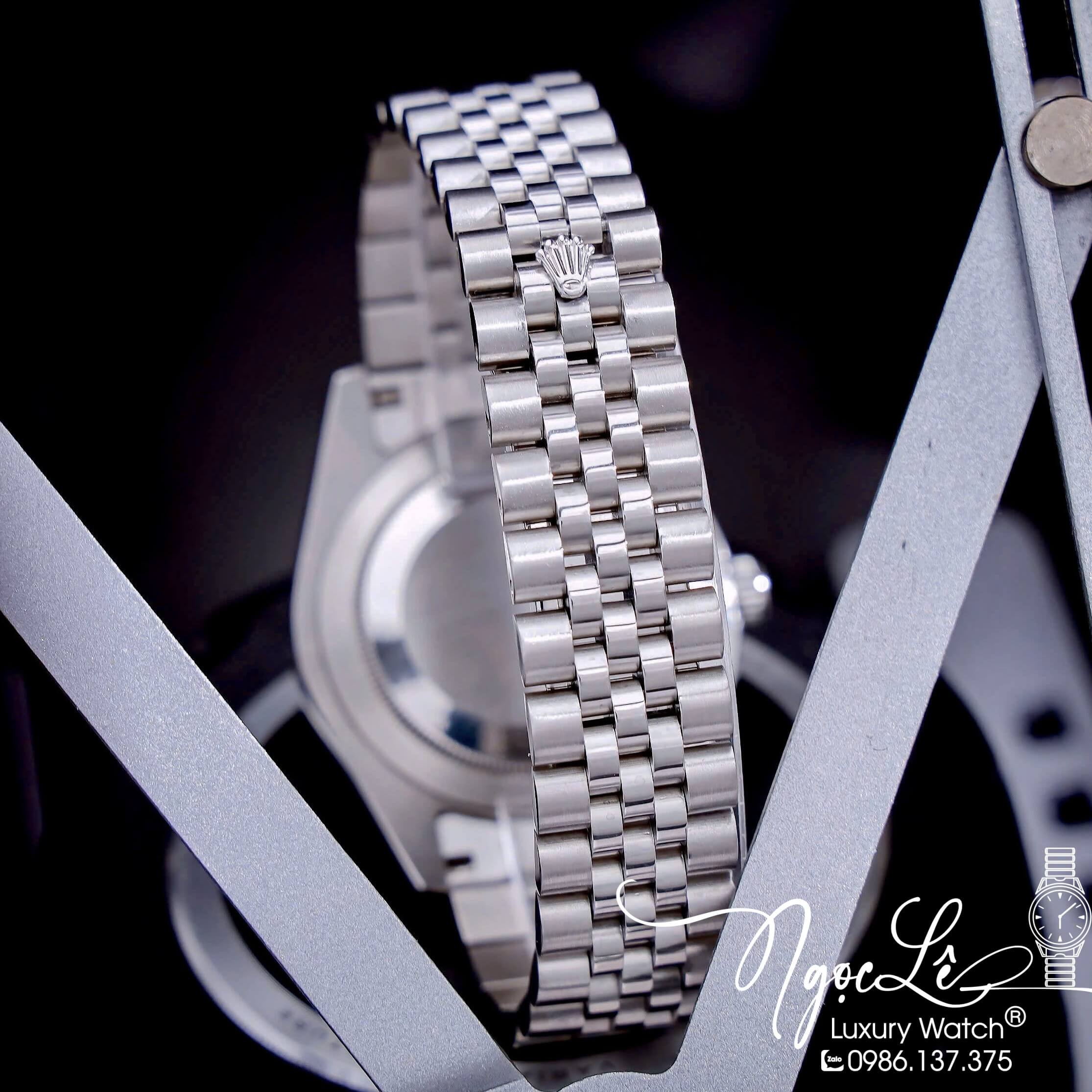 Đồng Hồ Cặp Rolex Datejust Máy Pin Nam Nữ Màu Bạc Mặt Xanh Navy Viền Đá Size 41mm-31mm