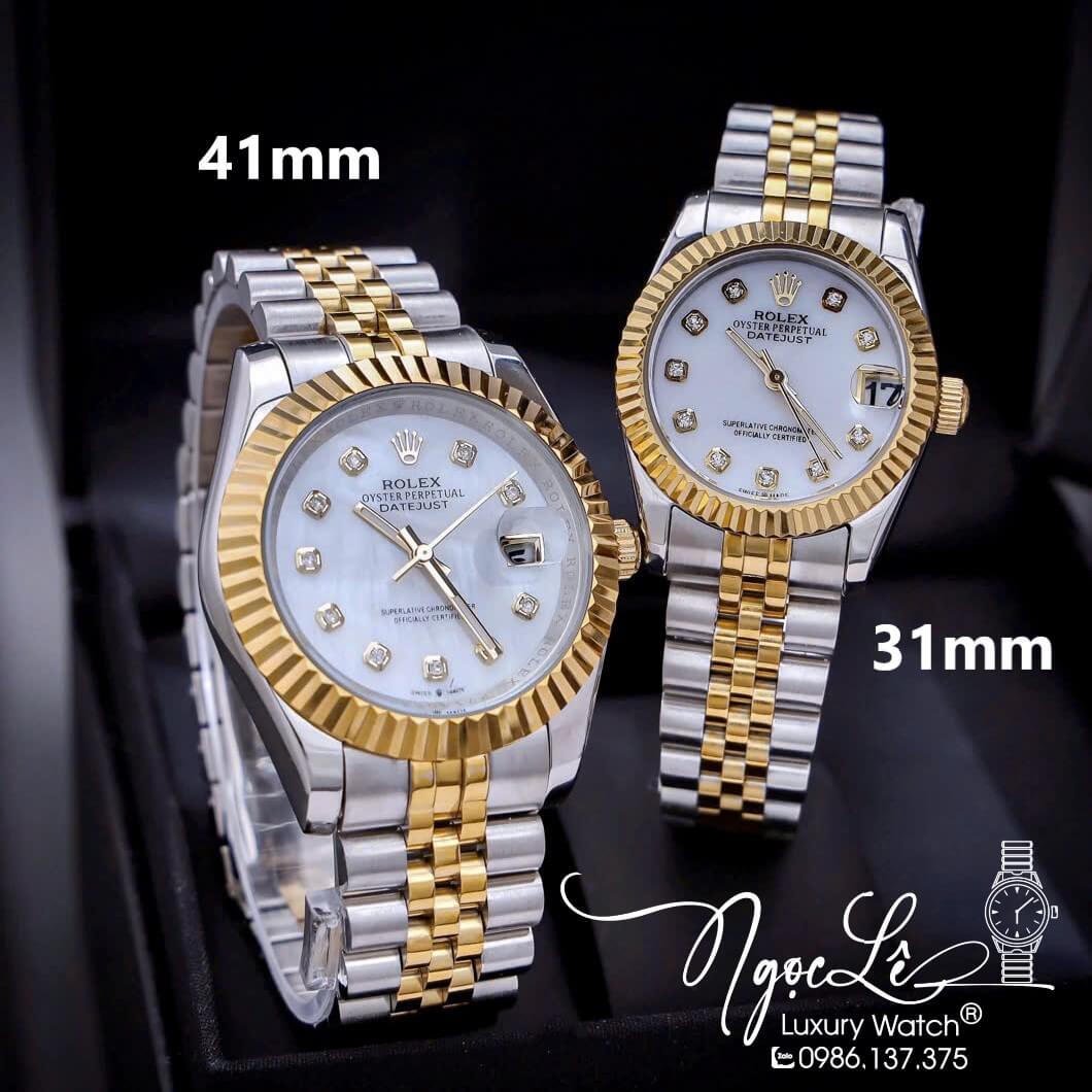 Đồng Hồ Cặp Rolex Datejust Pin Dây Kim Loại Demi Mặt Trắng Xà Cừ Size 31mm - 41mm
