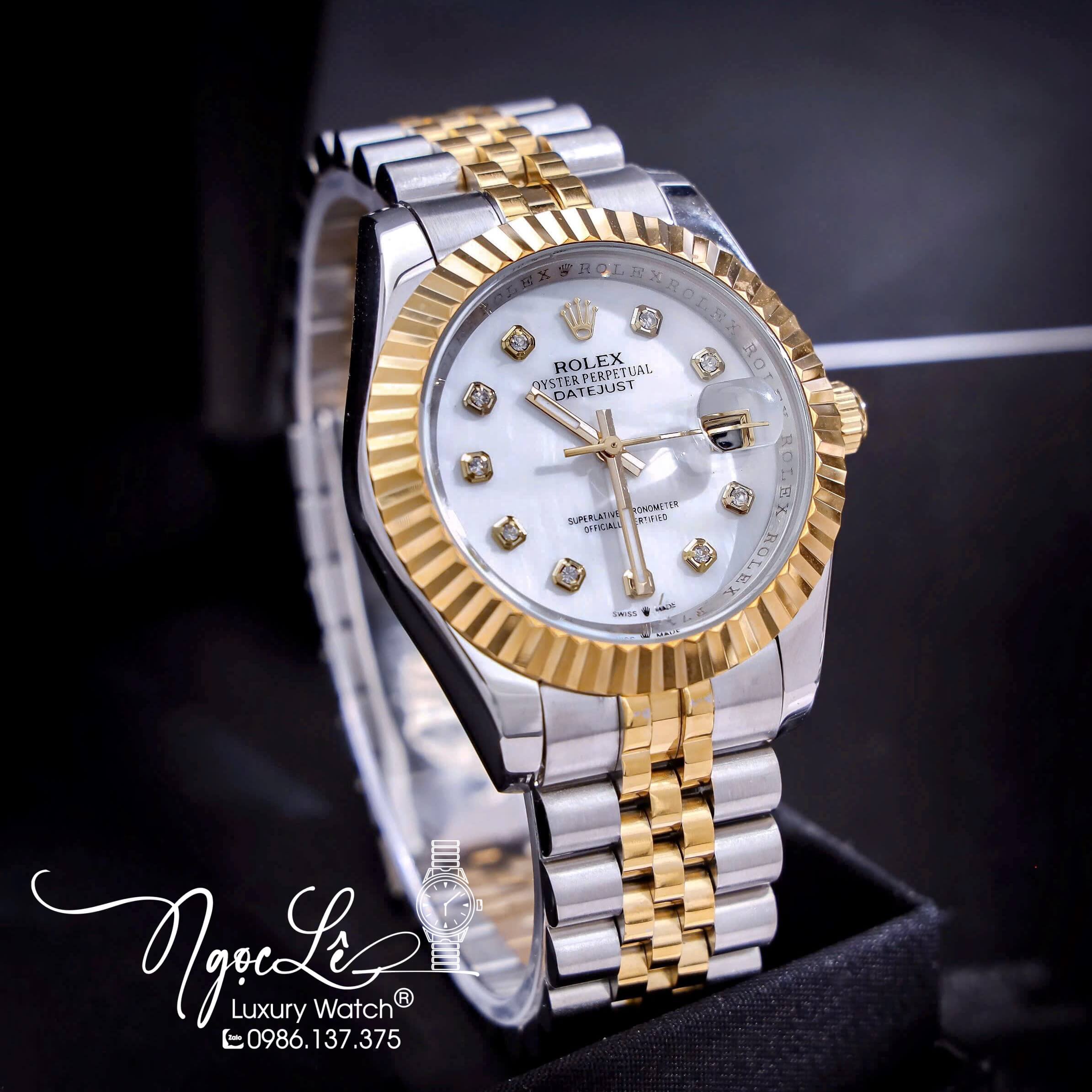 Đồng Hồ Cặp Rolex Datejust Pin Dây Kim Loại Demi Mặt Trắng Xà Cừ Size 31mm - 41mm