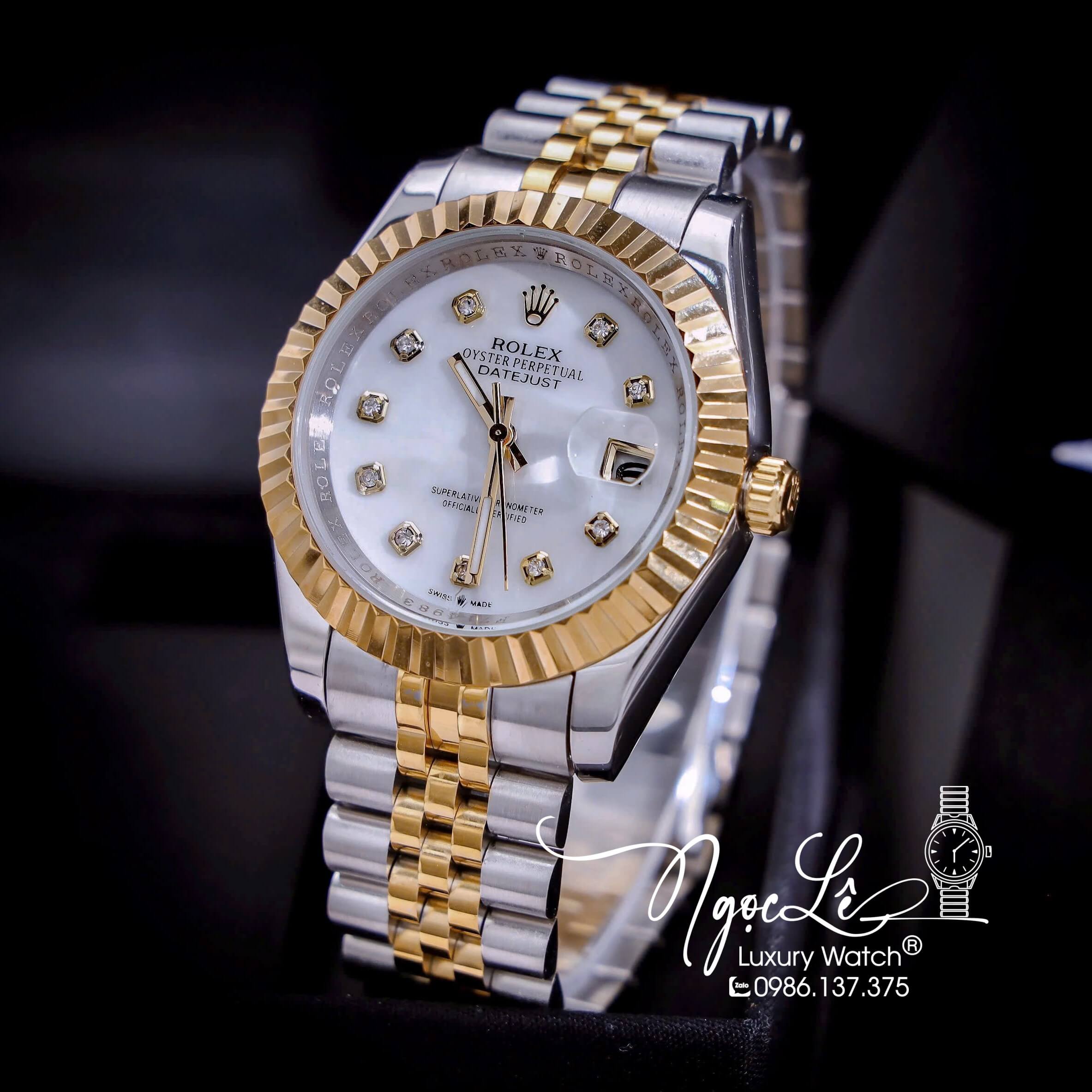 Đồng Hồ Cặp Rolex Datejust Pin Dây Kim Loại Demi Mặt Trắng Xà Cừ Size 31mm - 41mm