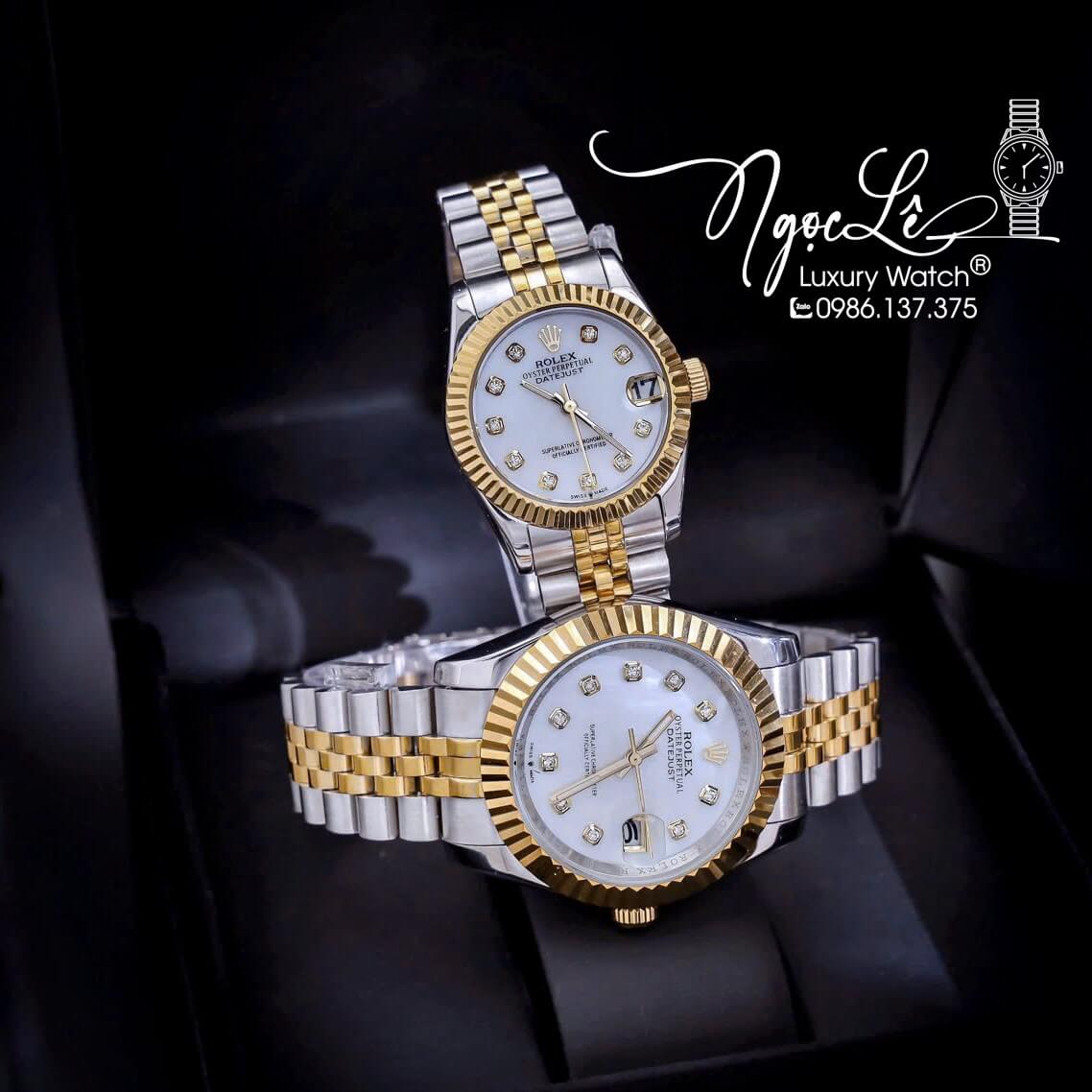 Đồng Hồ Cặp Rolex Datejust Pin Dây Kim Loại Demi Mặt Trắng Xà Cừ Size 31mm - 41mm