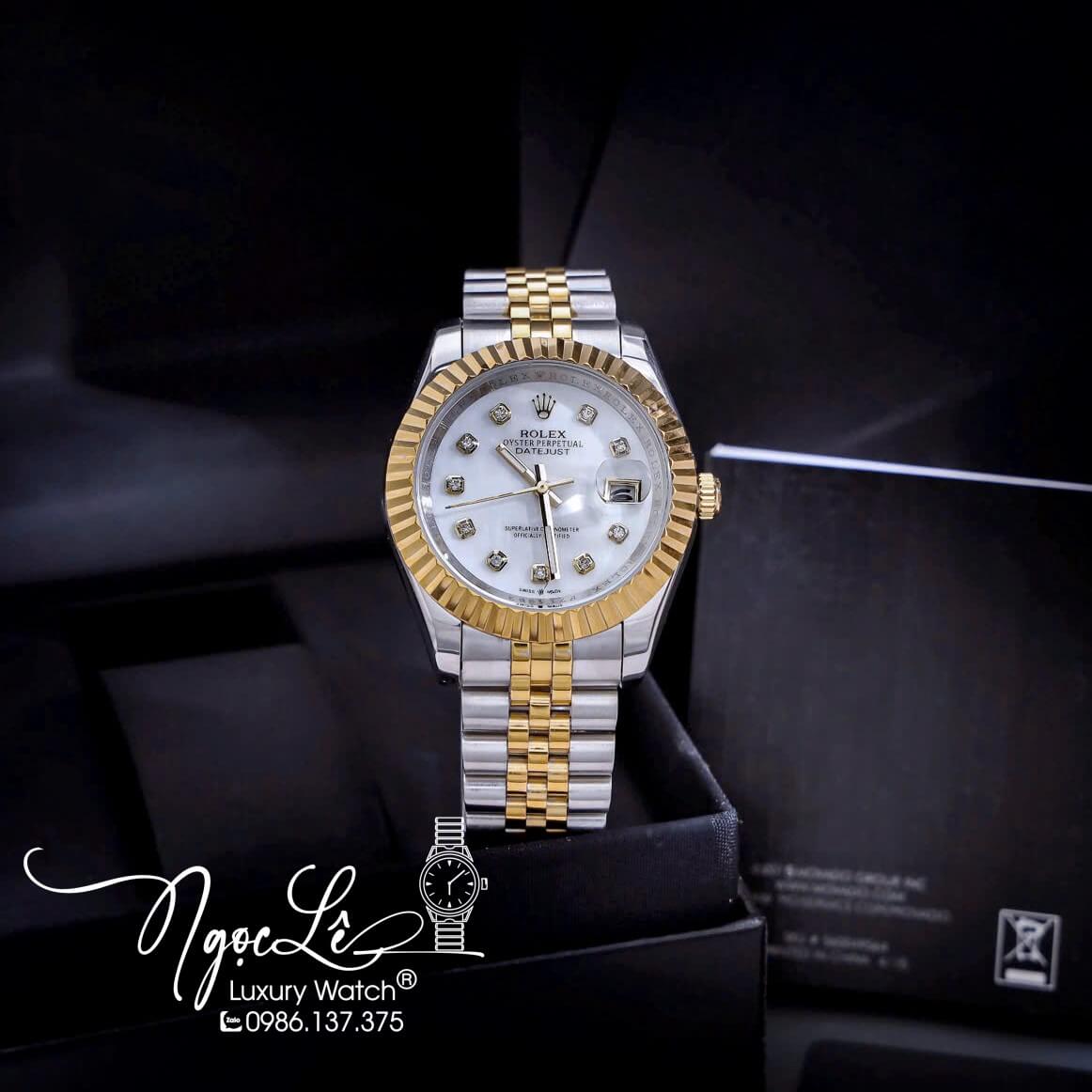 Đồng Hồ Cặp Rolex Datejust Pin Dây Kim Loại Demi Mặt Trắng Xà Cừ Size 31mm - 41mm