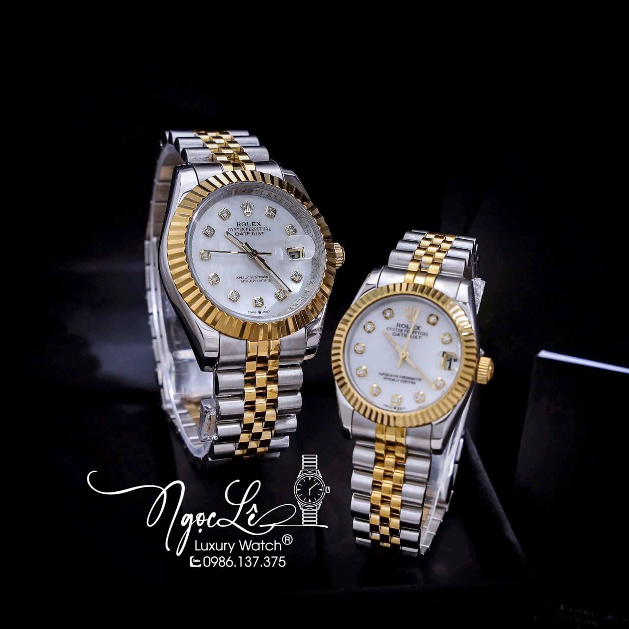 Đồng Hồ Cặp Rolex Datejust Pin Dây Kim Loại Demi Mặt Trắng Xà Cừ Size 31mm - 41mm
