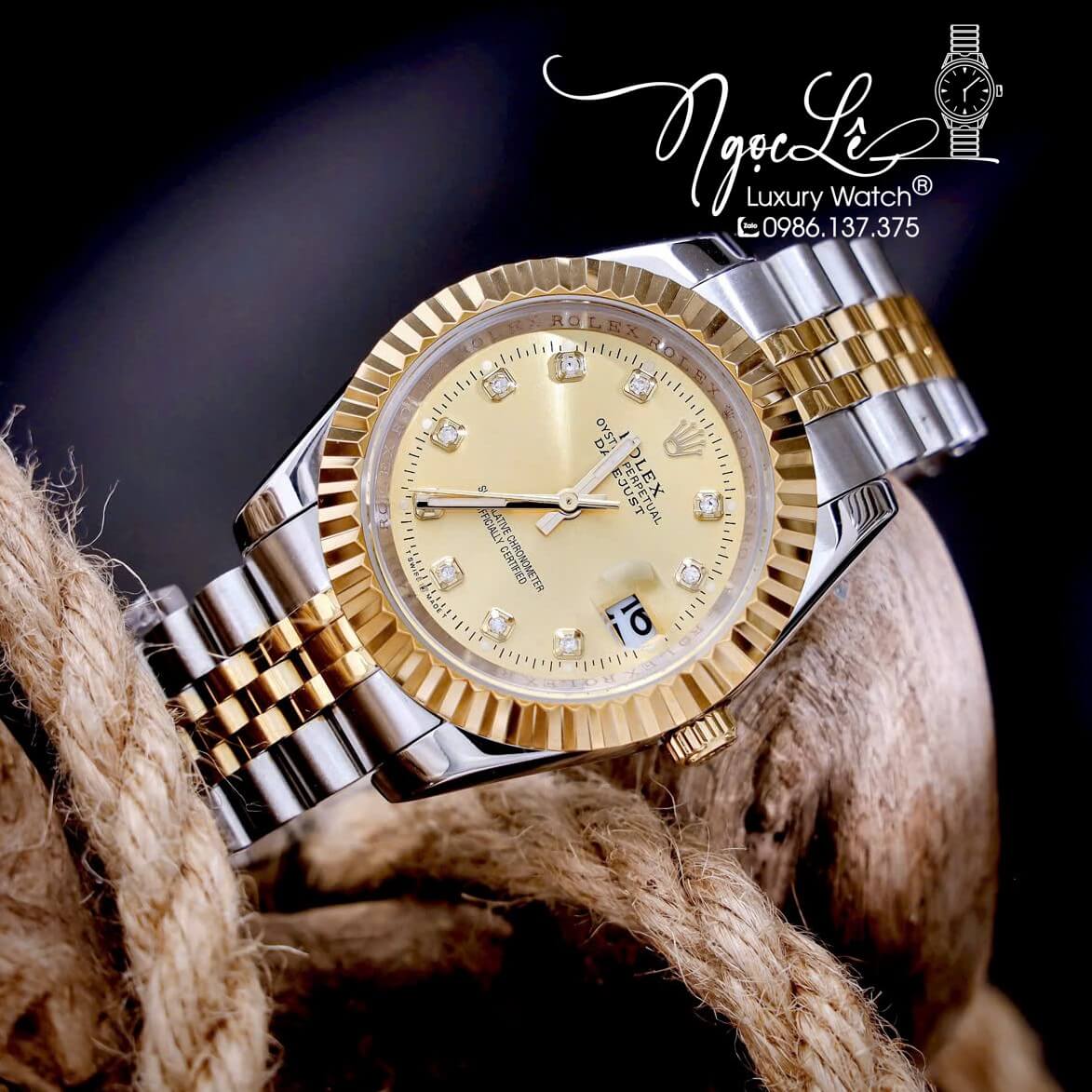 Đồng Hồ Cặp Rolex Datejust Pin Dây Kim Loại Demi Mặt Vàng Size 31mm - 41mm