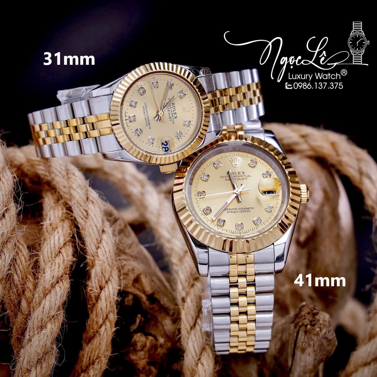 Đồng Hồ Cặp Rolex Datejust Pin Dây Kim Loại Demi Mặt Vàng Size 31mm - 41mm