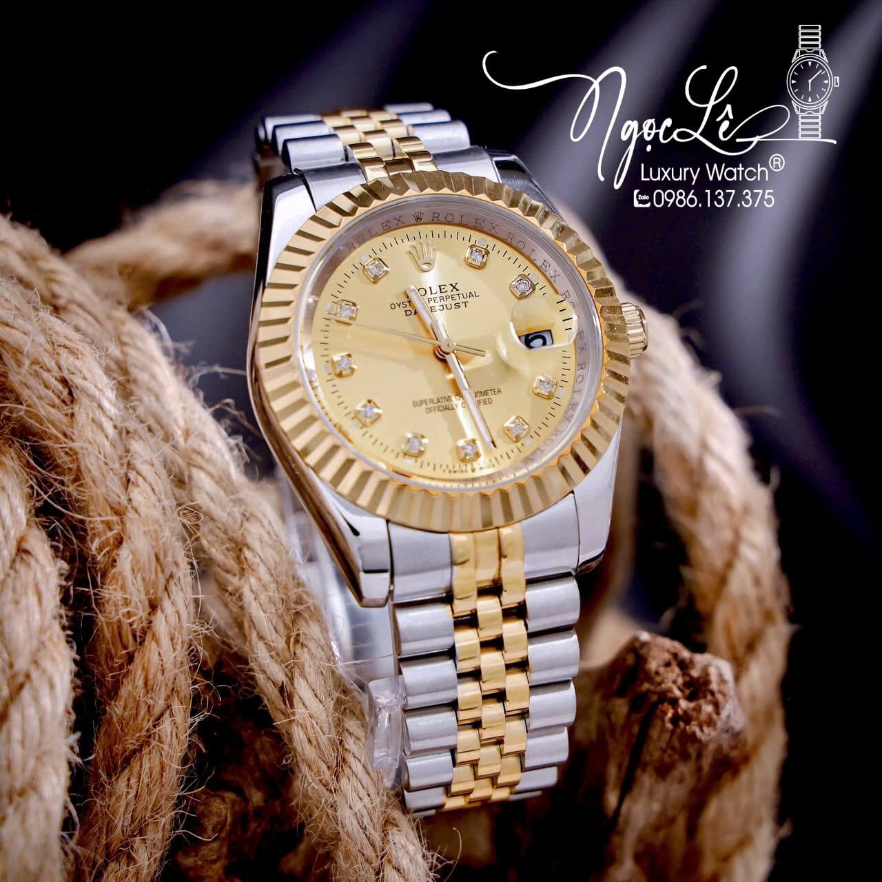 Đồng Hồ Cặp Rolex Datejust Pin Dây Kim Loại Demi Mặt Vàng Size 31mm - 41mm