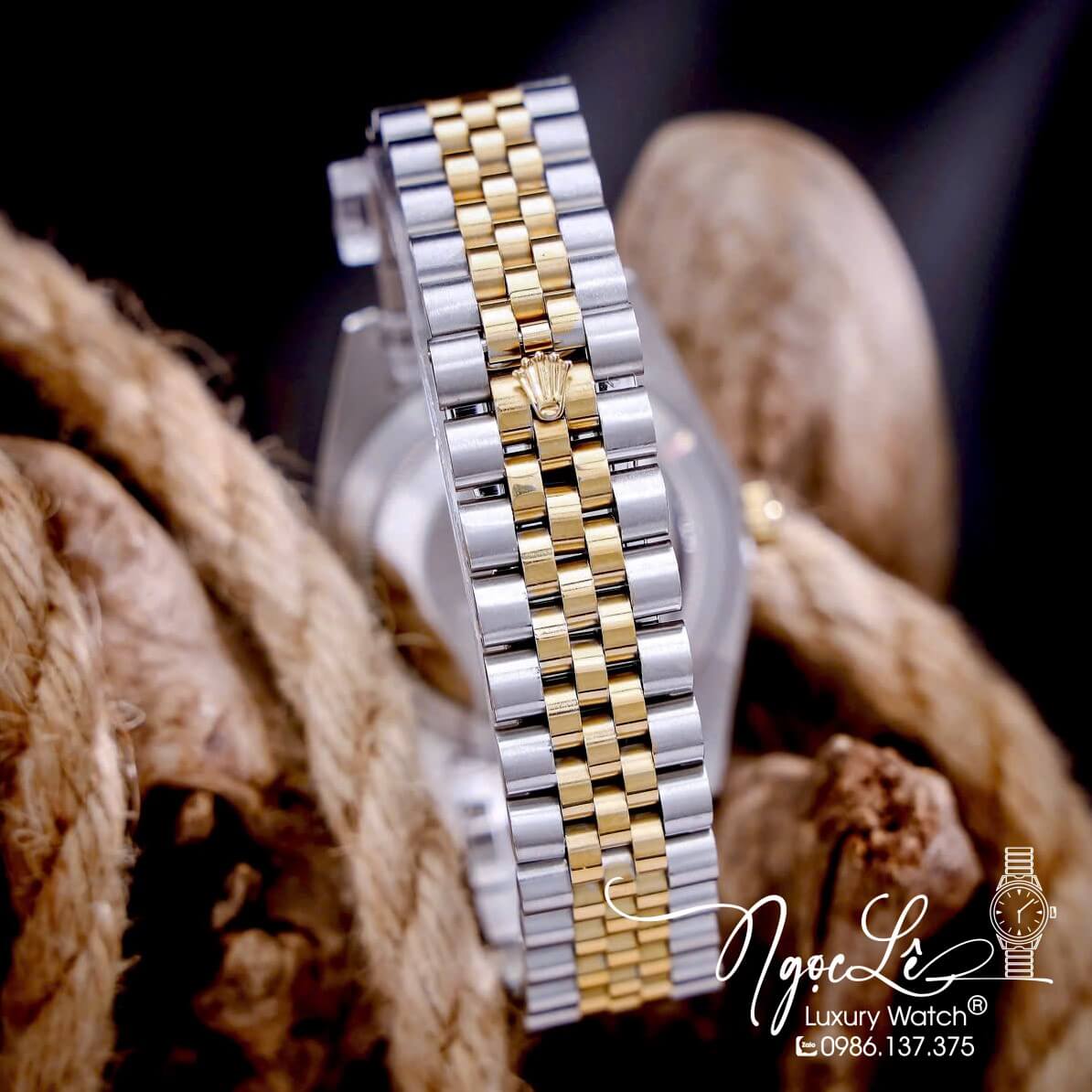 Đồng Hồ Cặp Rolex Datejust Máy Pin Nam Nữ Màu Demi Gold Mặt Nâu Viền Đá Size 41mm - 36mm - 31mm