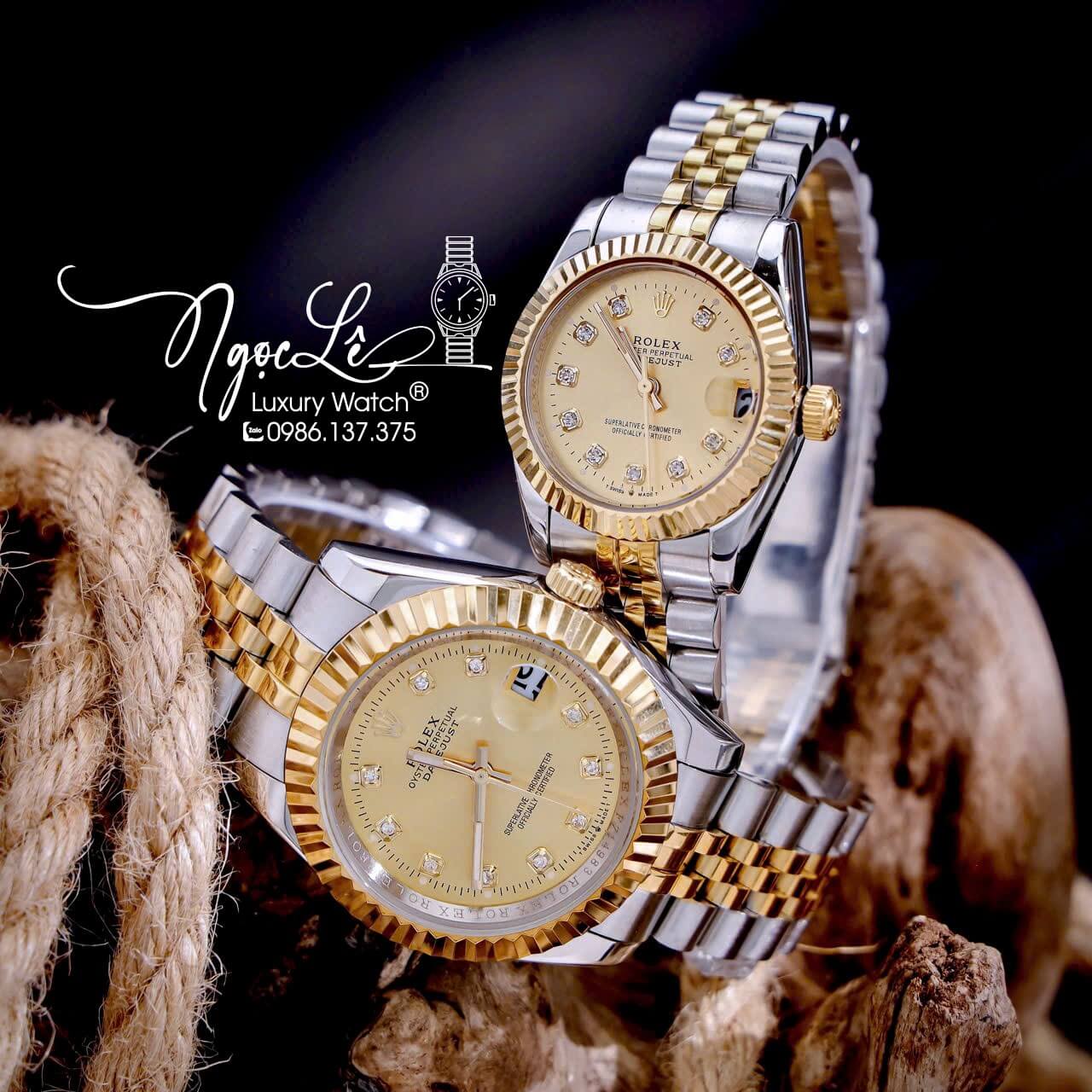 Đồng Hồ Cặp Rolex Datejust Pin Dây Kim Loại Demi Mặt Vàng Size 31mm - 41mm