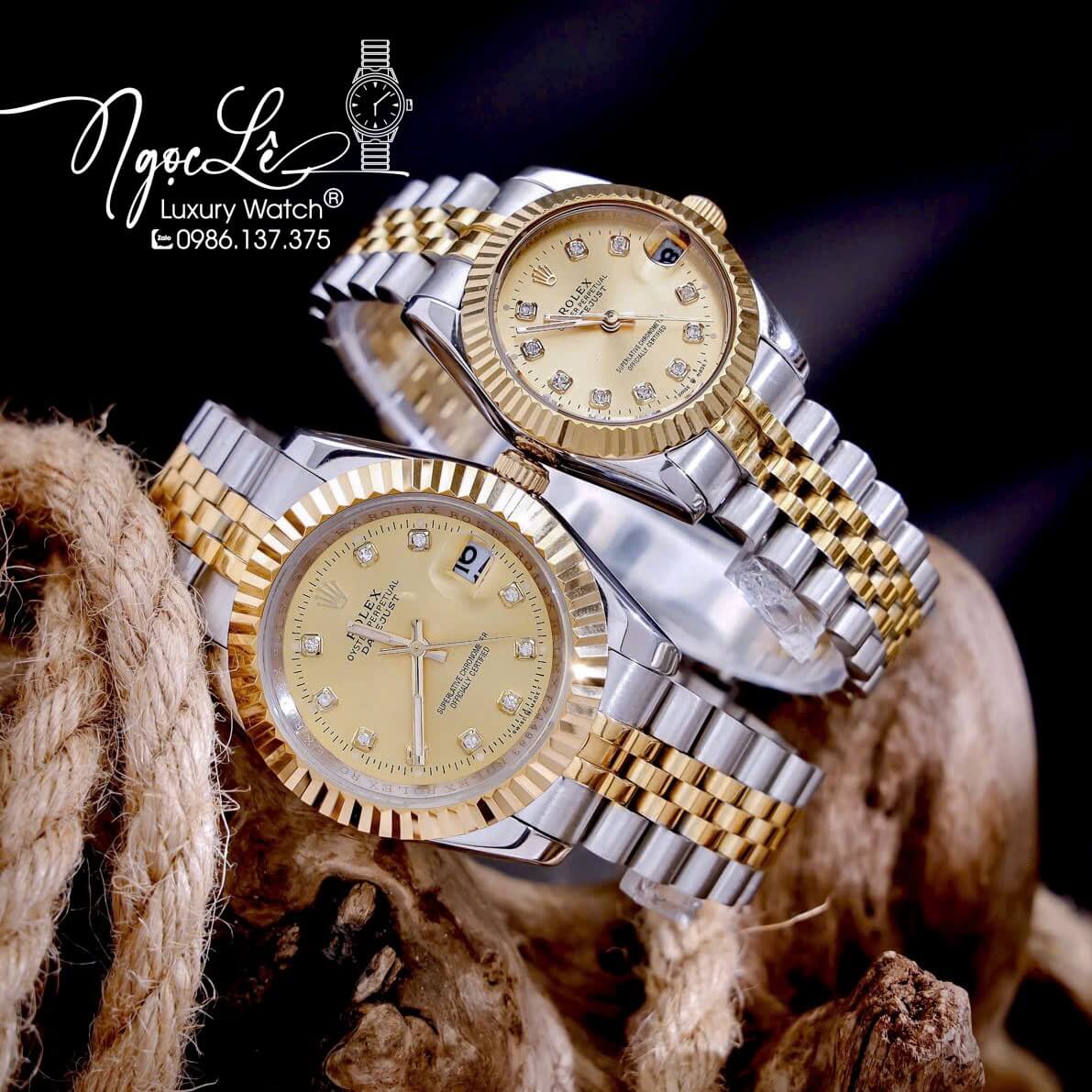 Đồng Hồ Cặp Rolex Datejust Pin Dây Kim Loại Demi Mặt Vàng Size 31mm - 41mm