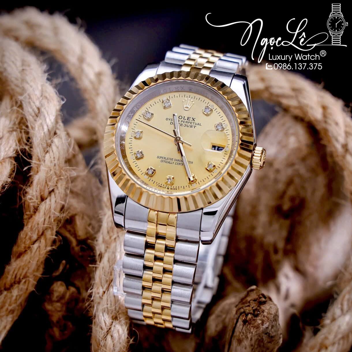 Đồng Hồ Cặp Rolex Datejust Pin Dây Kim Loại Demi Mặt Vàng Size 31mm - 41mm