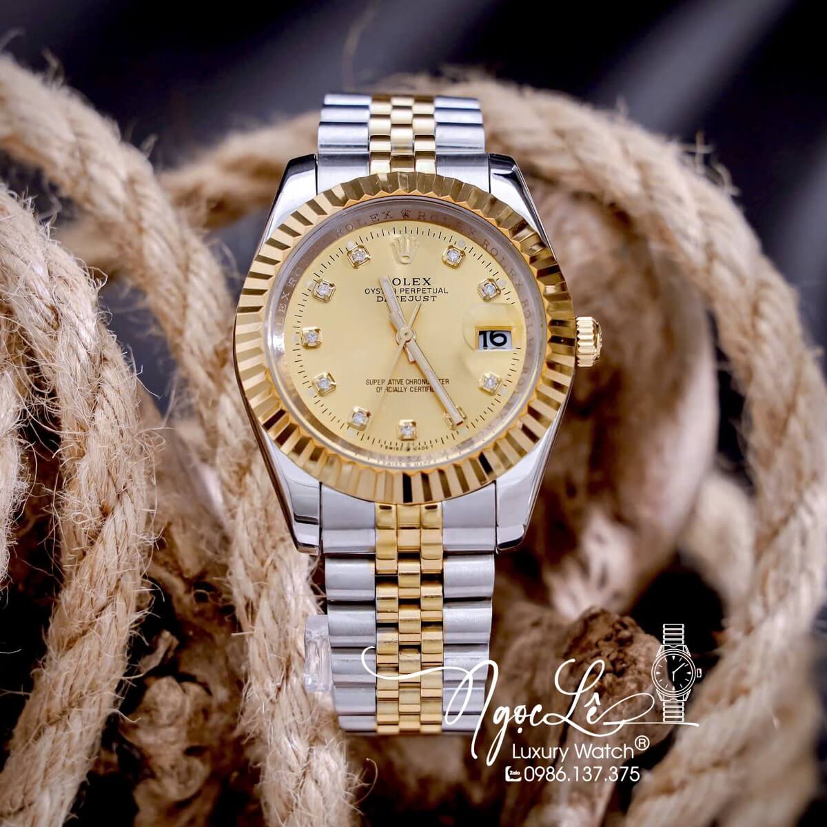 Đồng Hồ Cặp Rolex Datejust Pin Dây Kim Loại Demi Mặt Vàng Size 31mm - 41mm