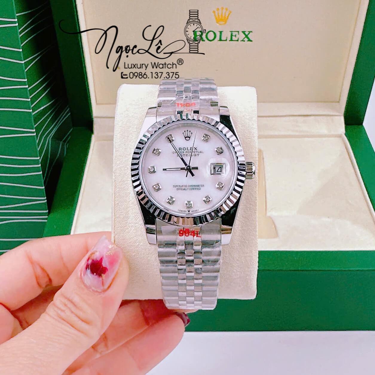 Đồng Hồ Cặp Rolex Datejust Pin Dây Kim Loại Silver Mặt Trắng Xà Cừ 31mm - 36mm - 41mm