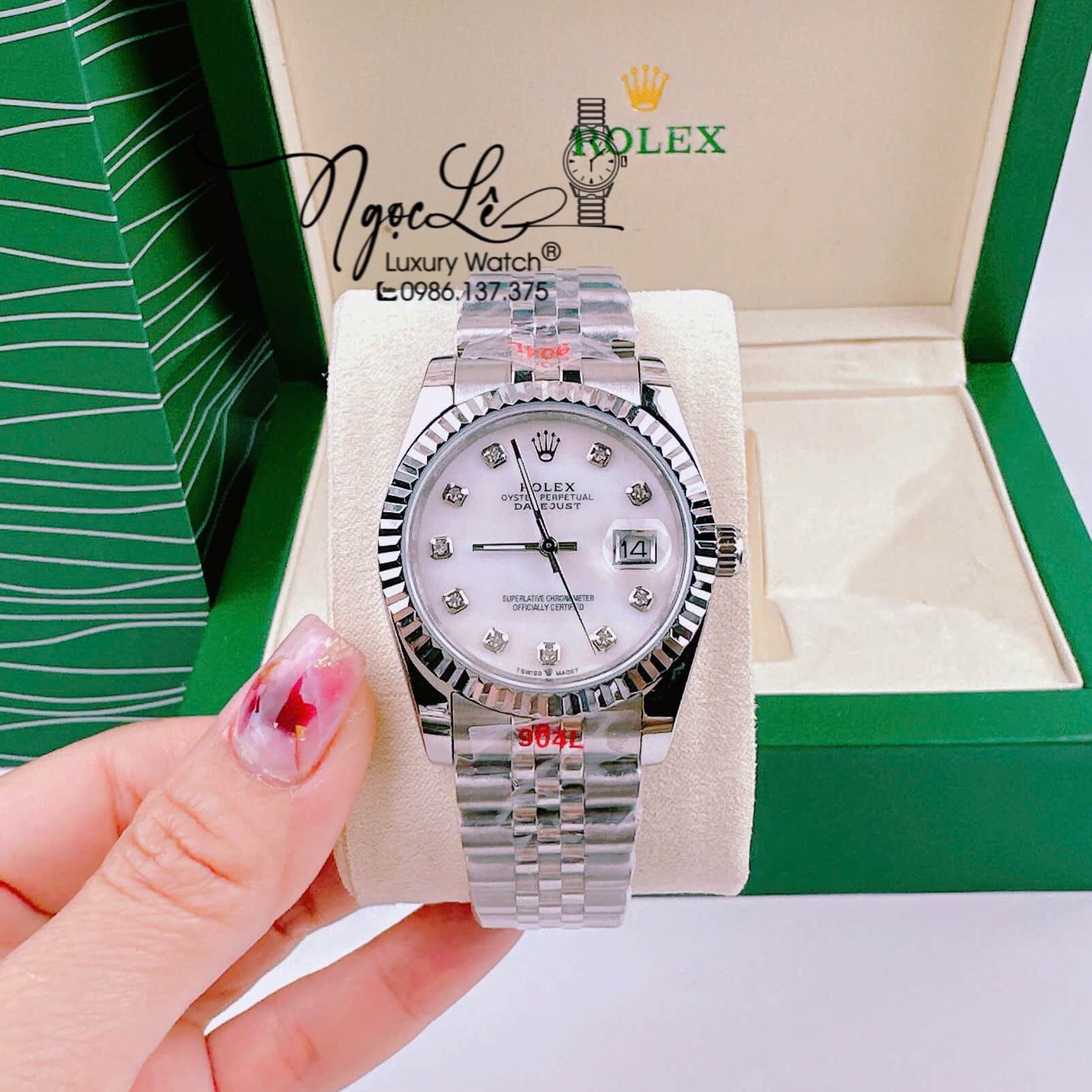 Đồng Hồ Cặp Rolex Datejust Pin Dây Kim Loại Silver Mặt Trắng Xà Cừ 31mm - 36mm - 41mm