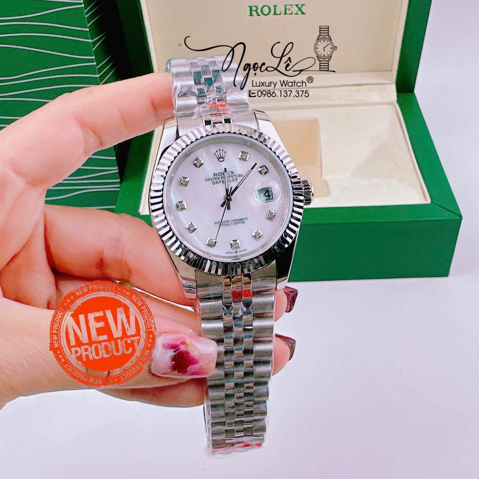 Đồng Hồ Cặp Rolex Datejust Pin Dây Kim Loại Silver Mặt Trắng Xà Cừ 31mm - 36mm - 41mm