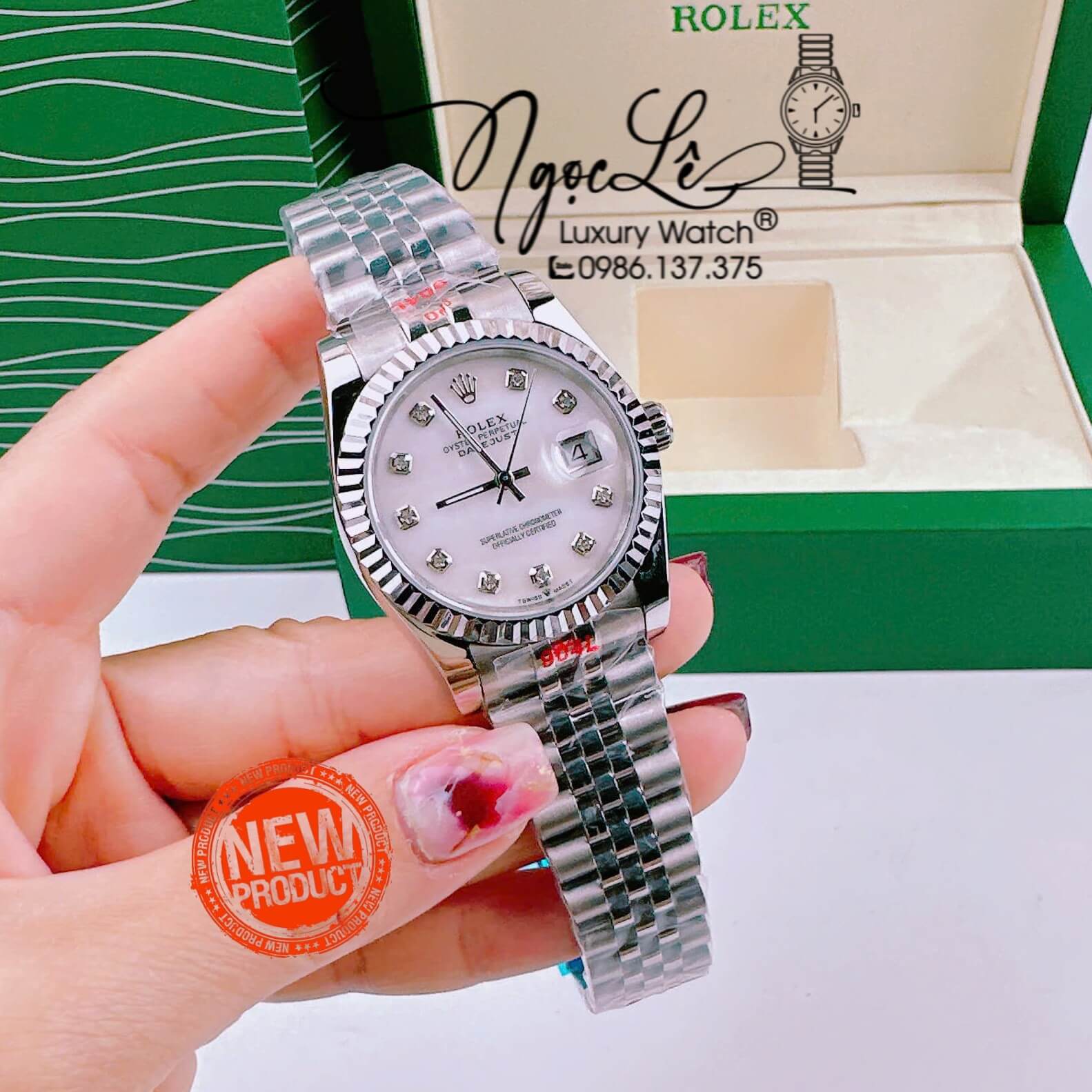 Đồng Hồ Cặp Rolex Datejust Pin Dây Kim Loại Silver Mặt Trắng Xà Cừ 31mm - 36mm - 41mm