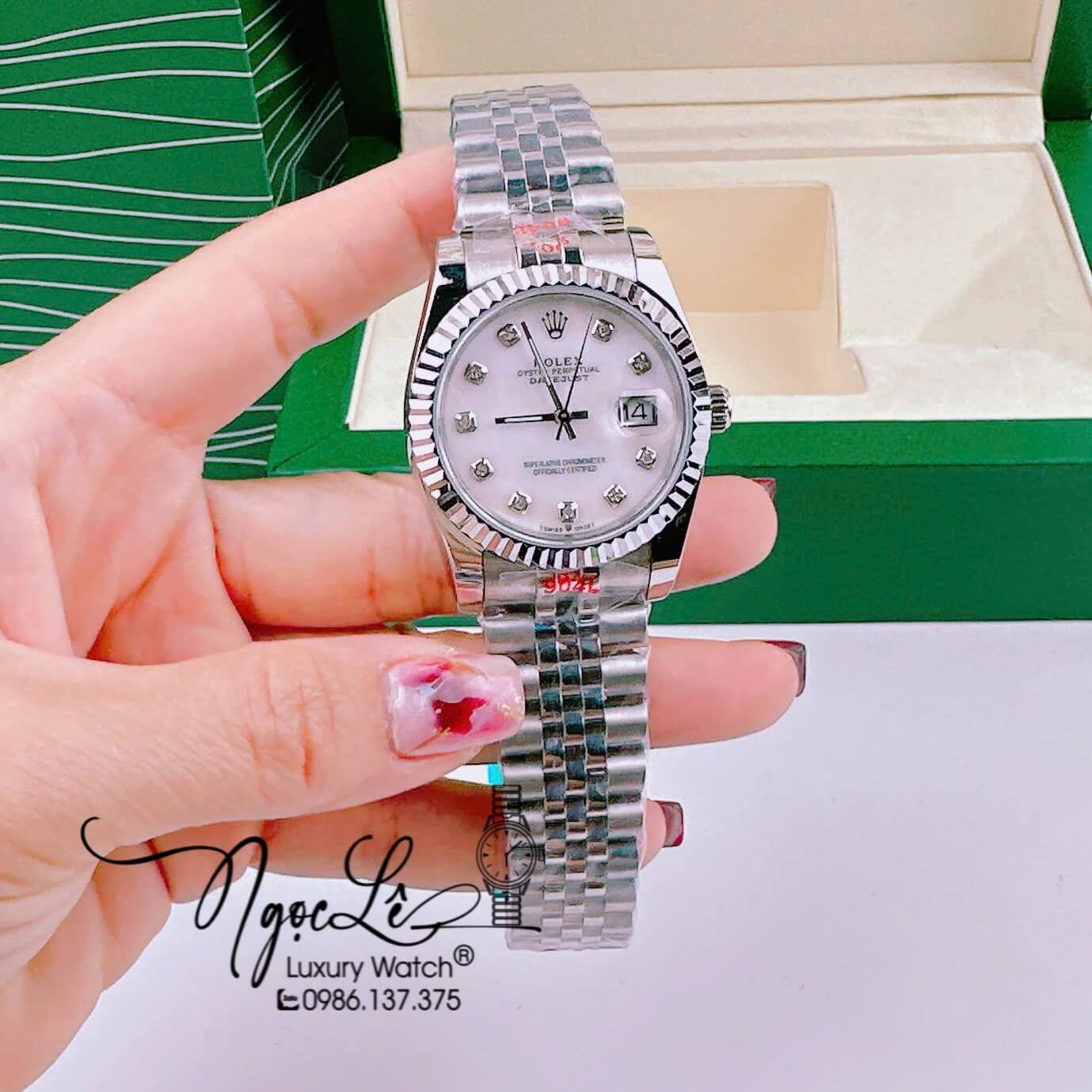 Đồng Hồ Cặp Rolex Datejust Pin Dây Kim Loại Silver Mặt Trắng Xà Cừ 31mm - 36mm - 41mm