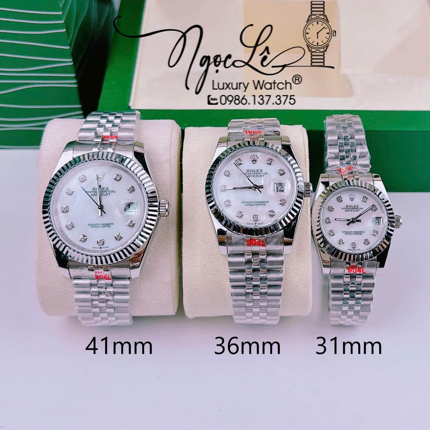 Đồng Hồ Cặp Rolex Datejust Pin Dây Kim Loại Silver Mặt Trắng Xà Cừ 31mm - 36mm - 41mm