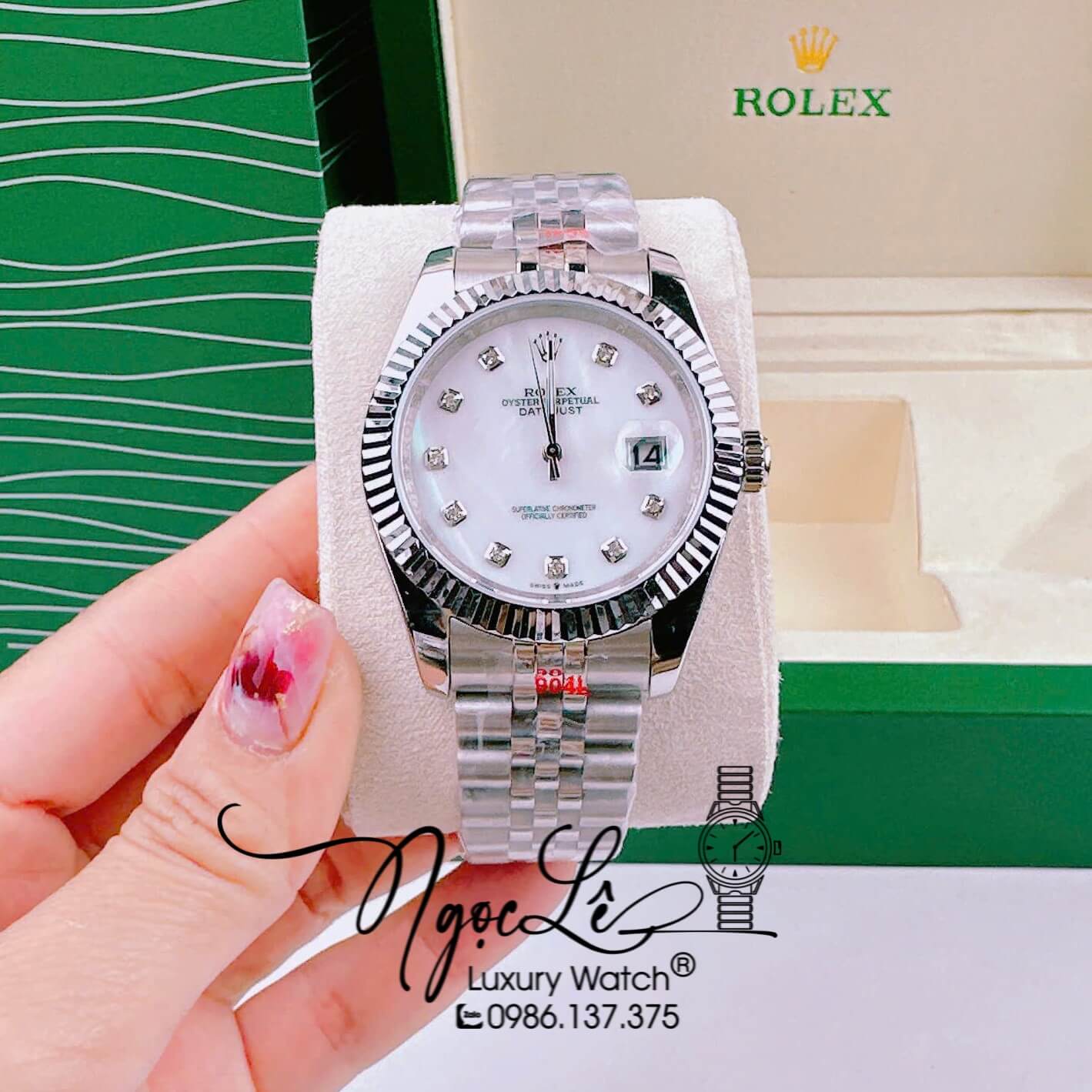 Đồng Hồ Cặp Rolex Datejust Pin Dây Kim Loại Silver Mặt Trắng Xà Cừ 31mm - 36mm - 41mm